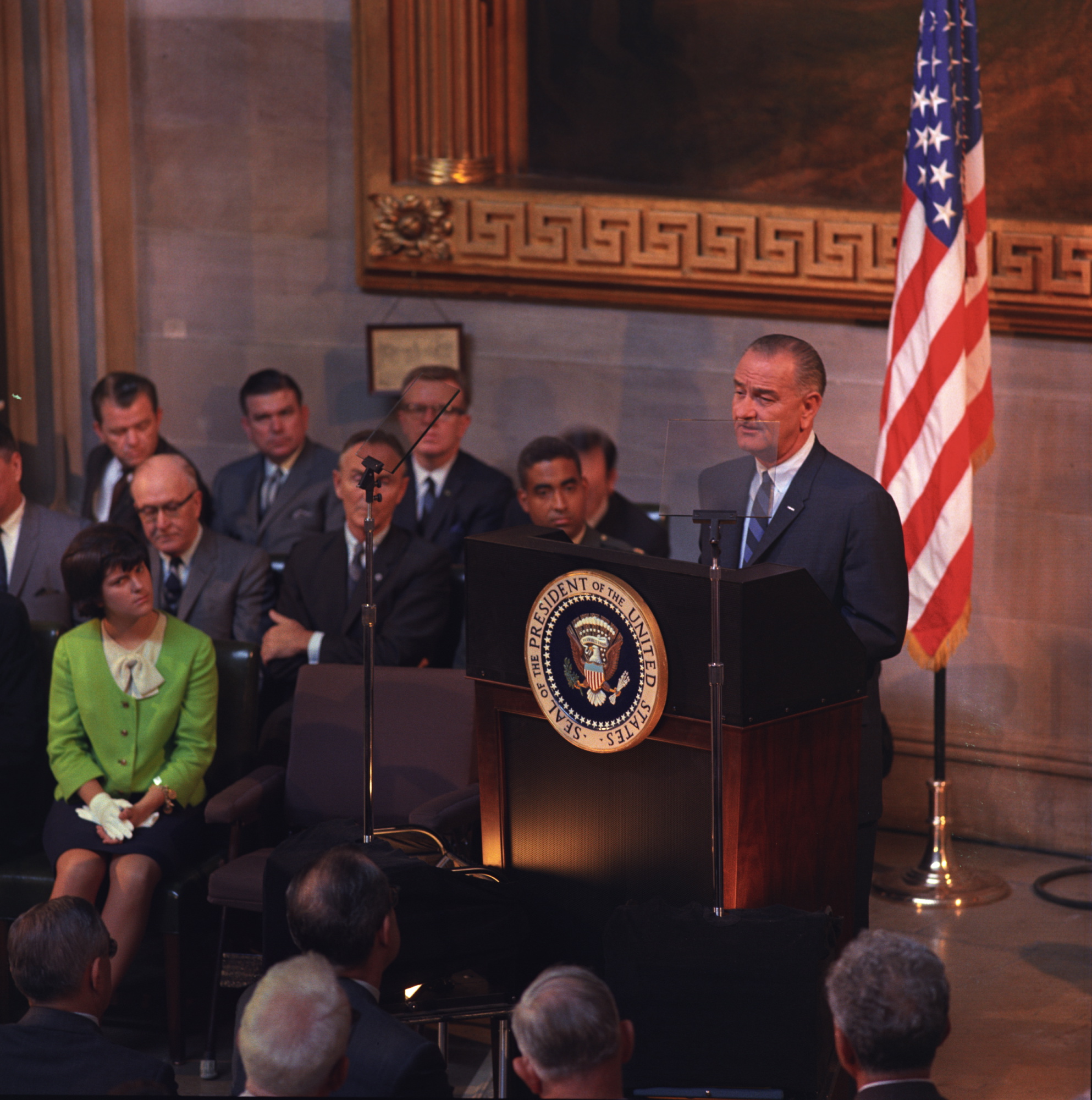 President Lyndon B. Johnson gives remarks inside the U.S. Capitol rotunda before signing the Voting Rights Act.