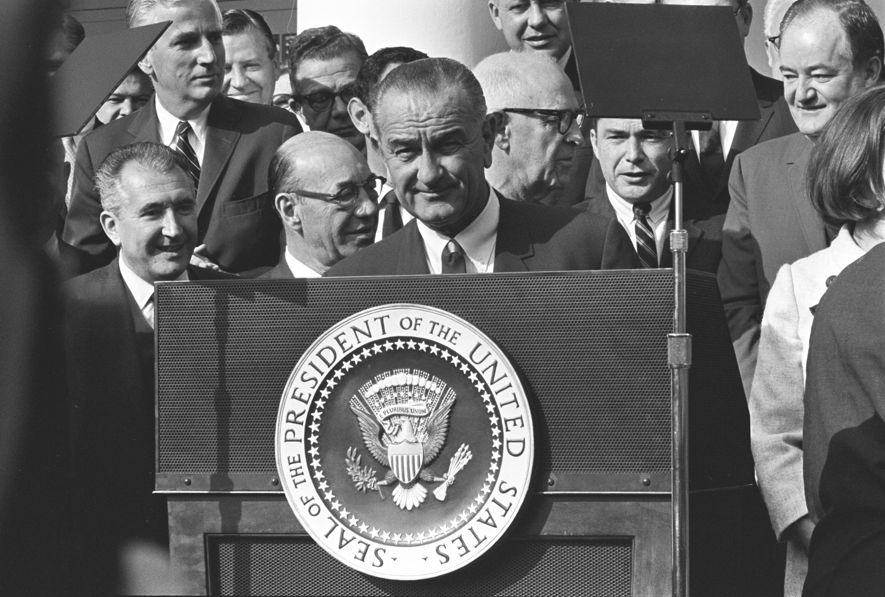 President Lyndon B. Johnson gives his remarks at the bill signing.