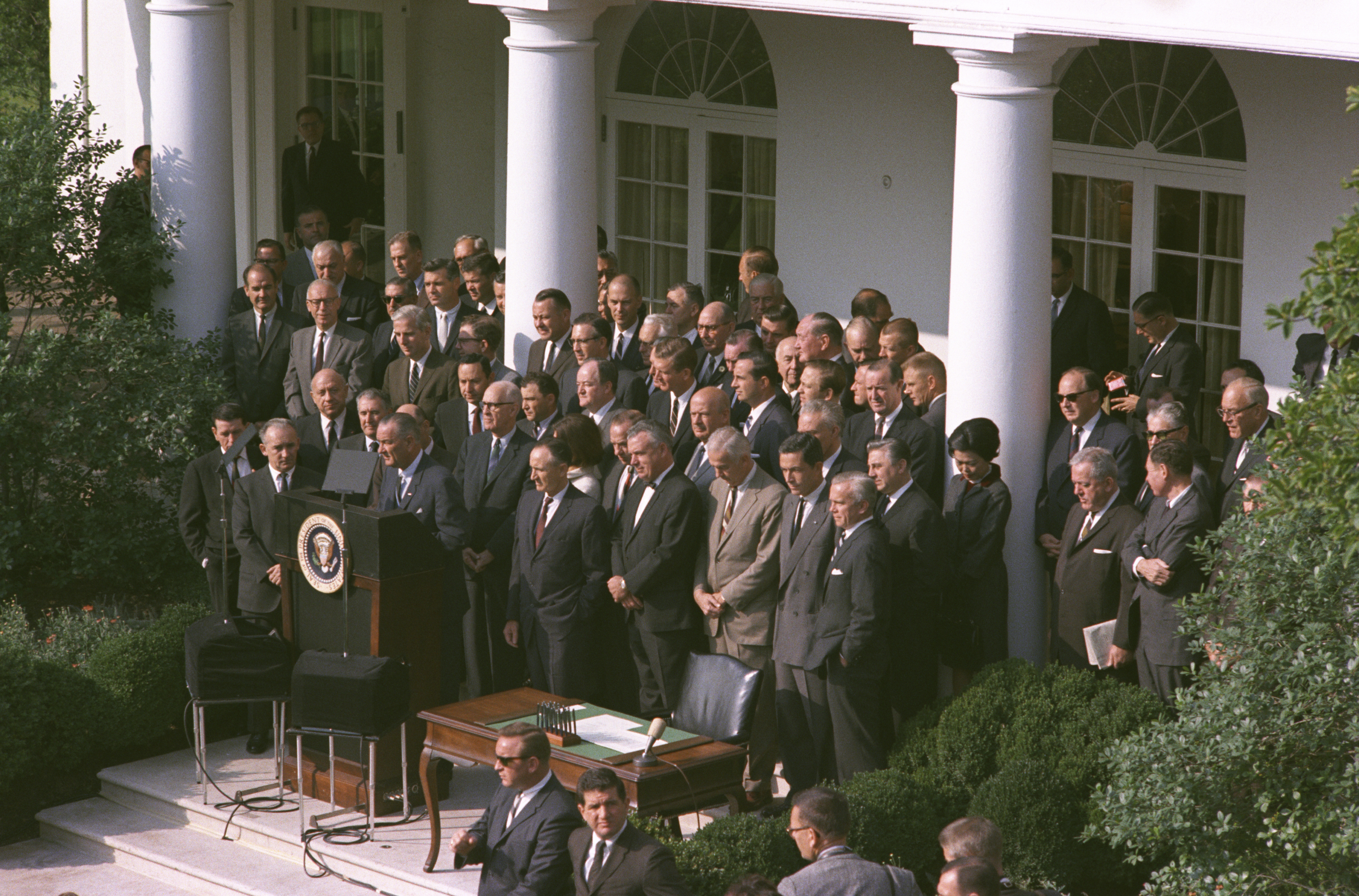 President Lyndon B. Johnson gives remarks at the bill signing.