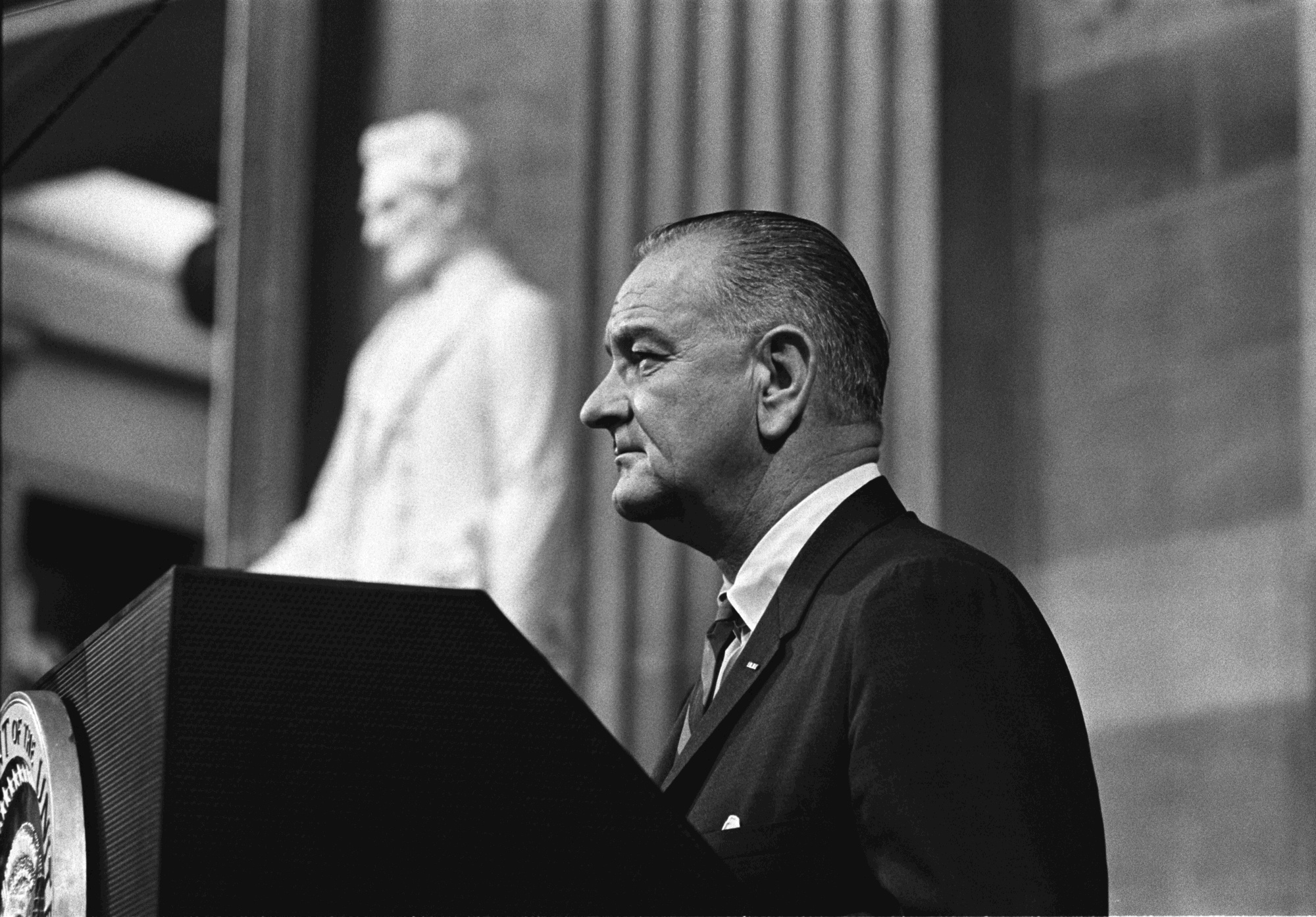 President Lyndon B. Johnson gives remarks inside the U.S. Capitol rotunda before signing the Voting Rights Act.