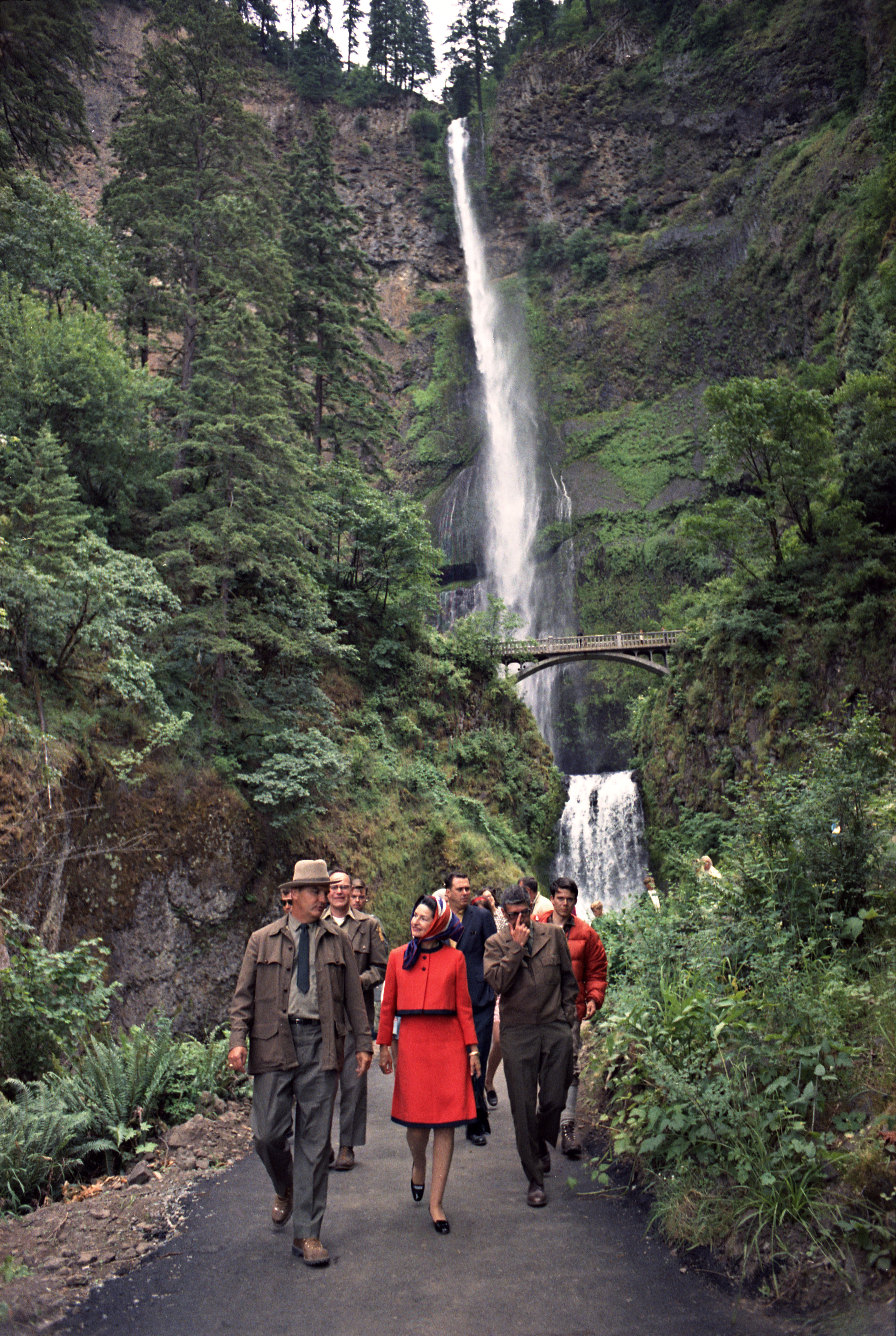 Lady Bird Johnson walks through the Multnomah Falls National Scenic Area.