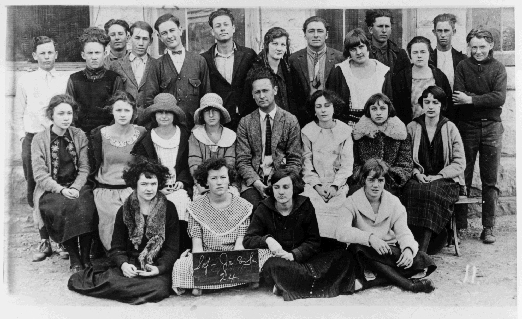 A group photo of LBJ with his Johnson City High School class. LBJ is standing in the top row.