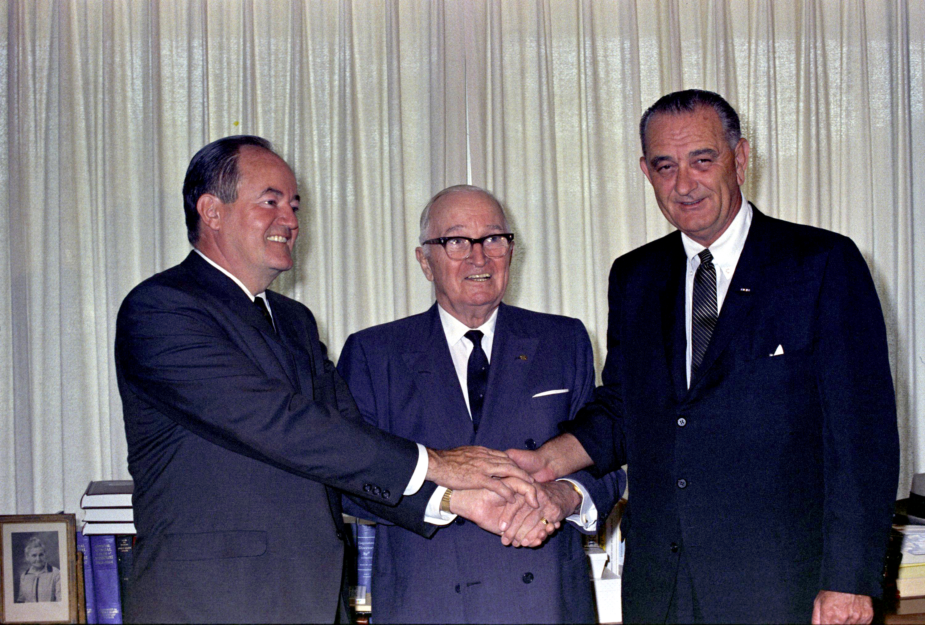 L-R: Vice President Hubert Humphrey, President Harry S. Truman, President Lyndon B. Johnson. LBJ Library photo by unknown #DIG14317-062.