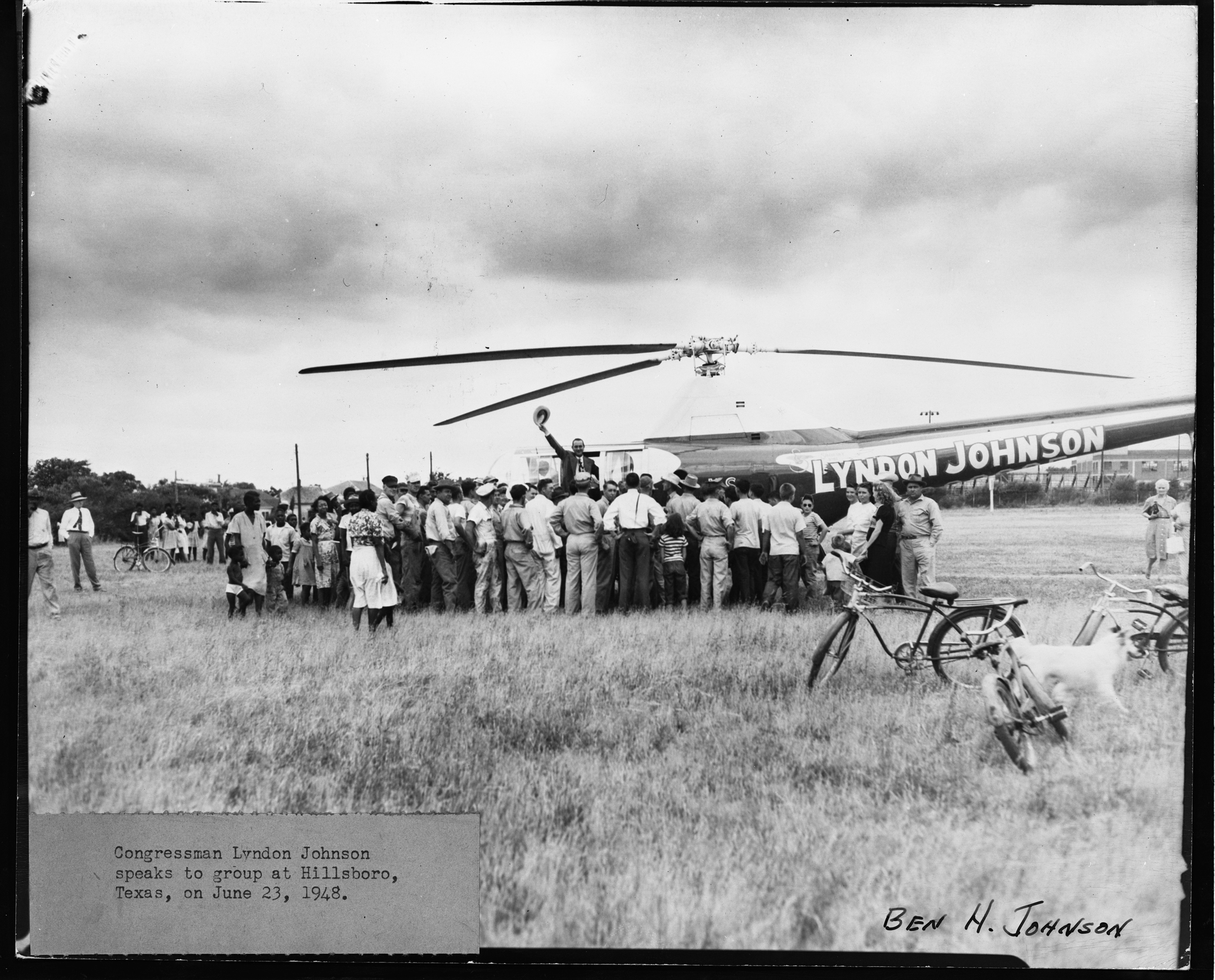 From his campaign helicopter, Congressman Lyndon B. Johnson speaks to a group of supporters while campaigning for Senate in Hillsboro, Texas.