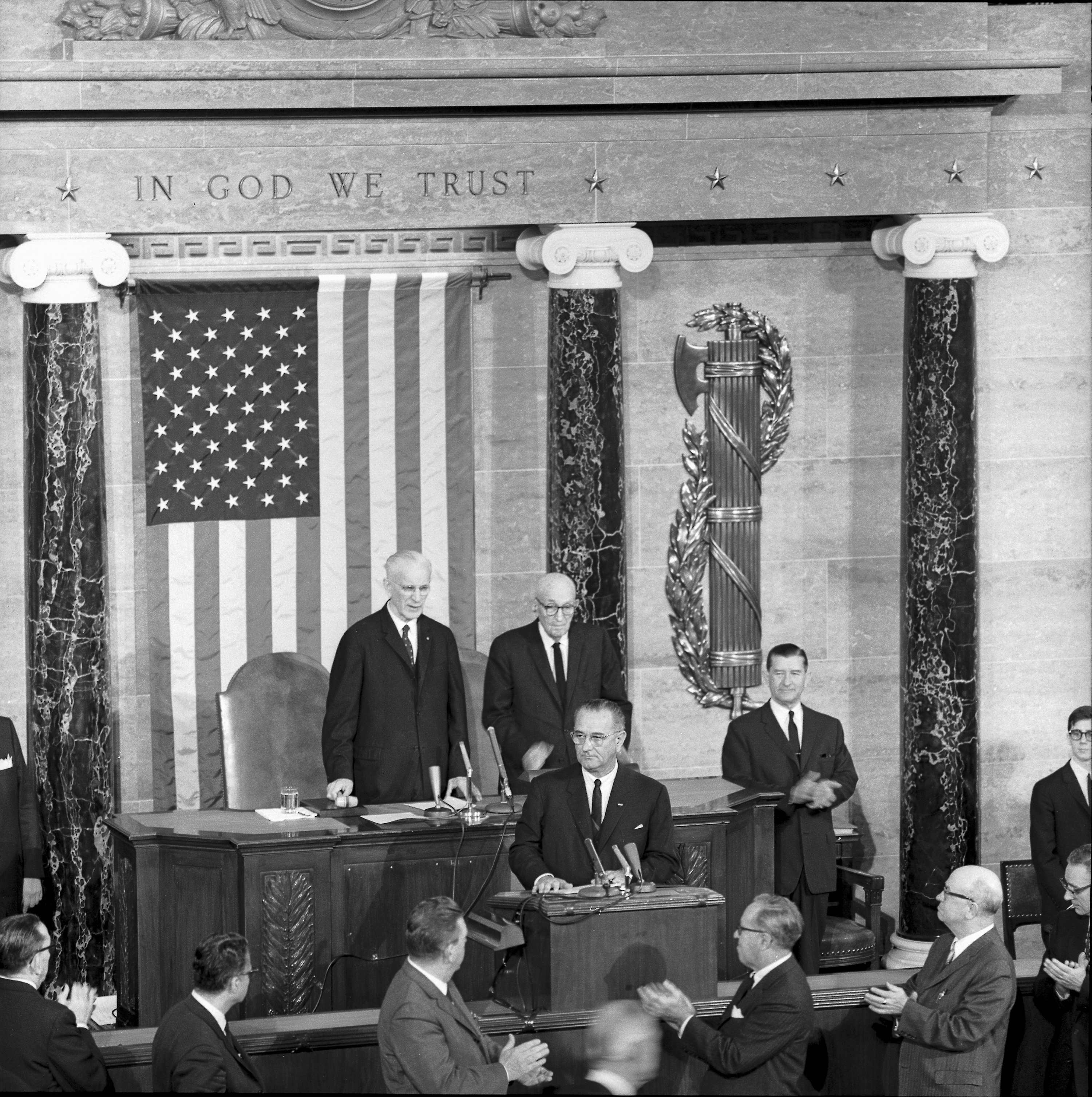 Lyndon B. Johnson makes his first address as president to a joint session of Congress days after President John F. Kennedy's assassination.