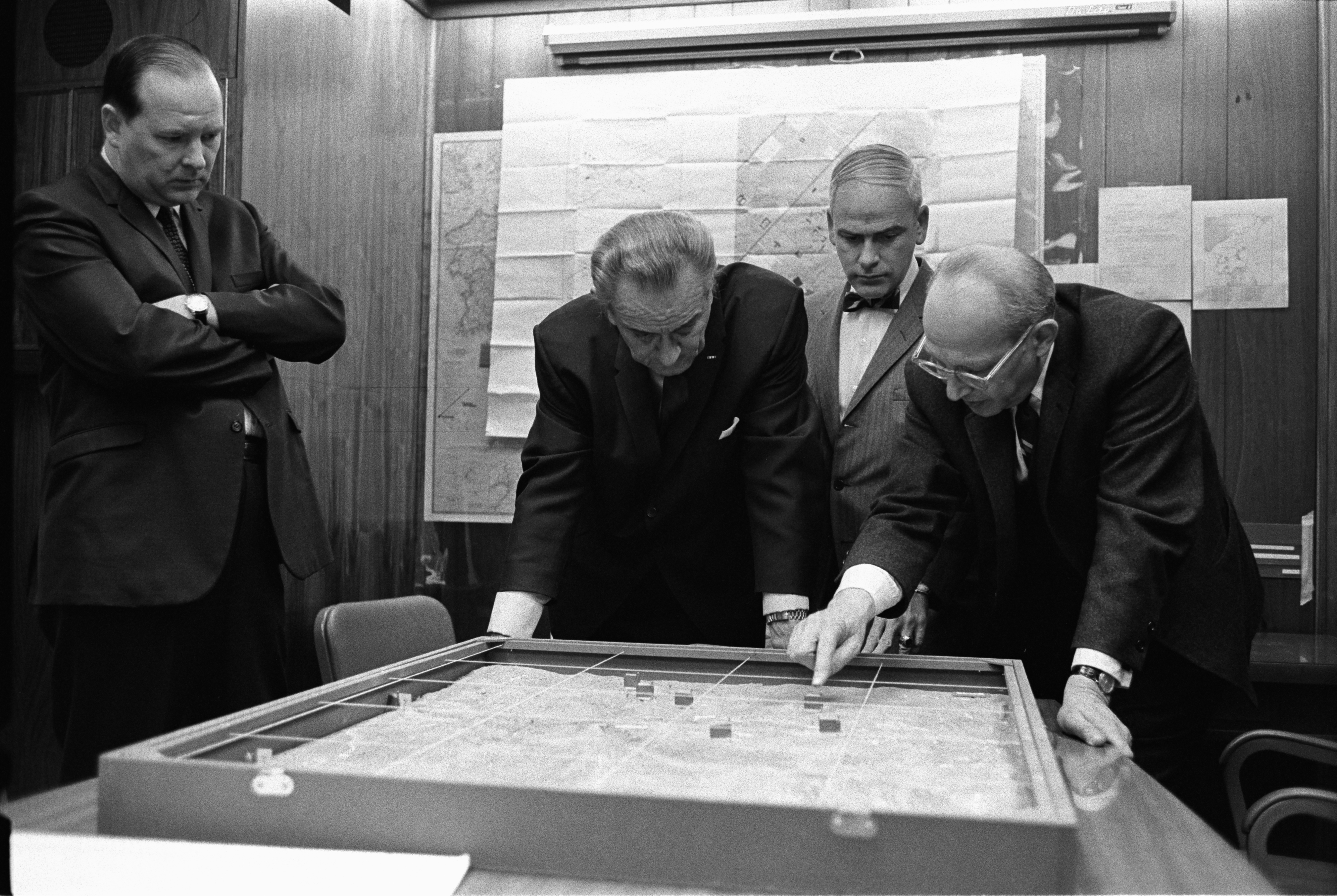 (L-R:) George Christian, President Lyndon B. Johnson, Gen. Robert Ginsburg, Walt Rostow. LBJ Library photo by Yoichi Okamoto #A5635-29.