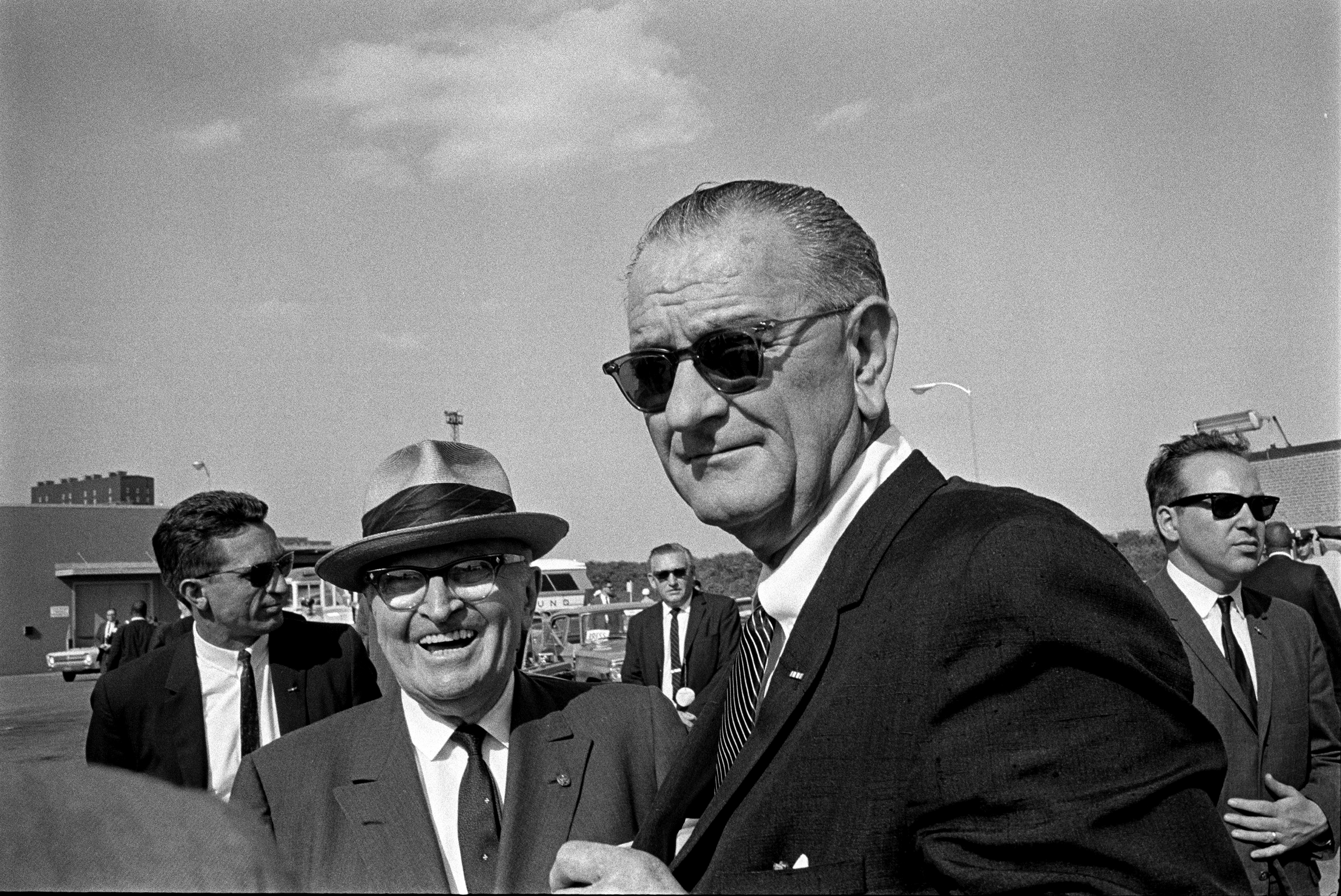 President Harry S, Truman greets President Lyndon B. Johnson upon his arrival in Independence. LBJ Library photo by Yoichi Okamoto #A984-5A.