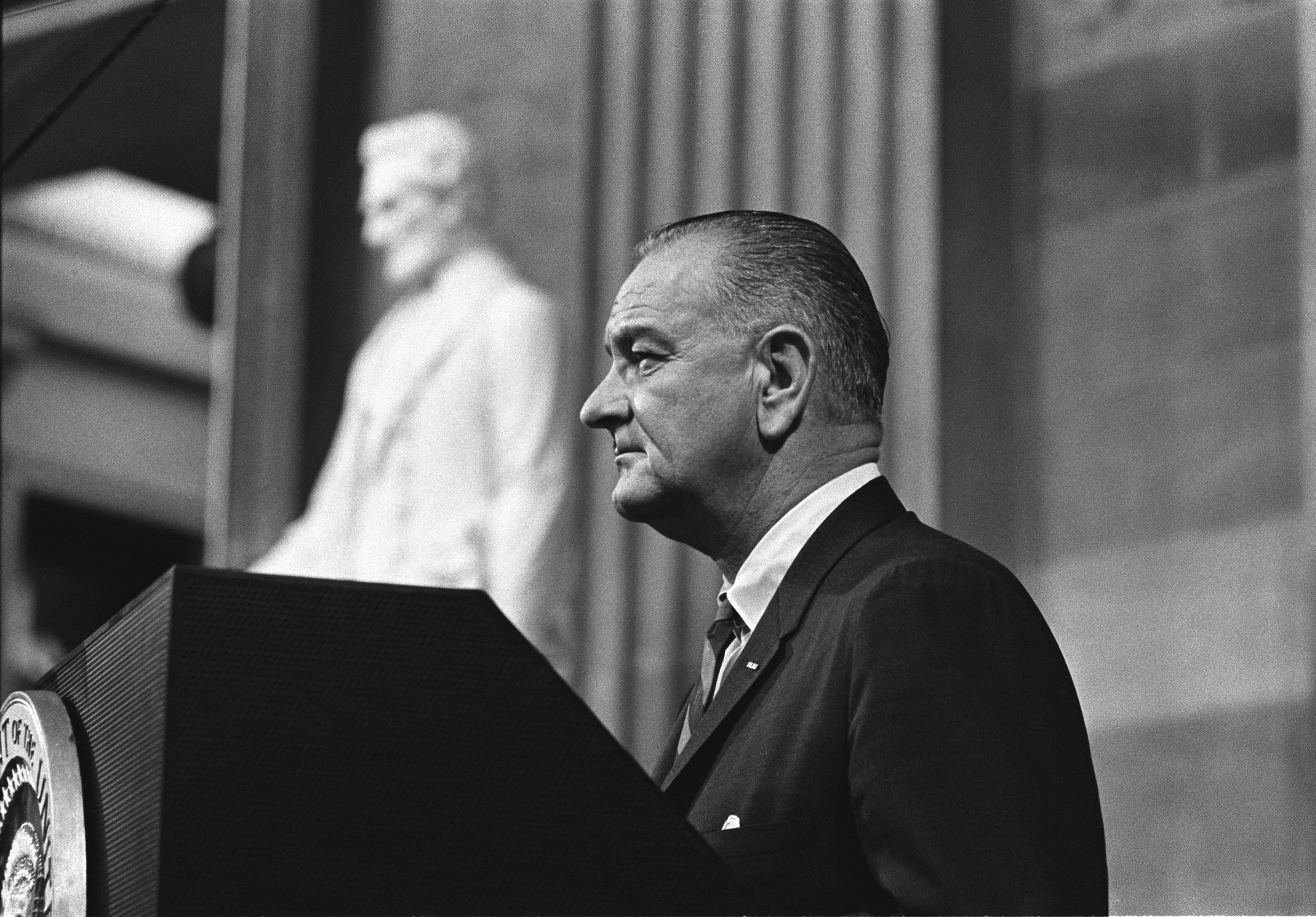 President Lyndon B. Johnson speaking before signing the Voting Rights Act. LBJ Library photo by Yoichi Okamoto #A1029-11A.
