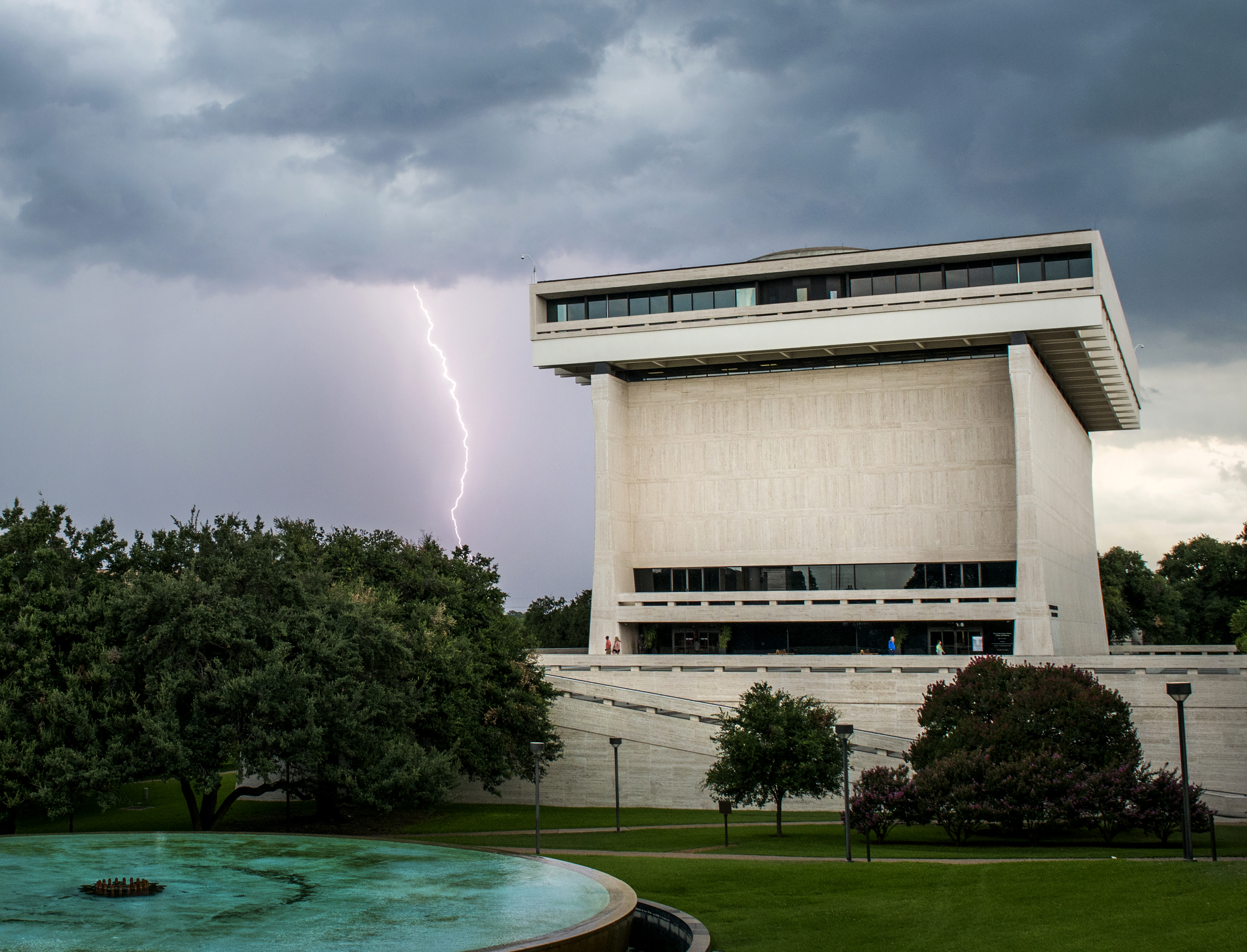 Lightning strikes behind the LBJ Presidential Library in Austin, Texas, on a stormy June day.