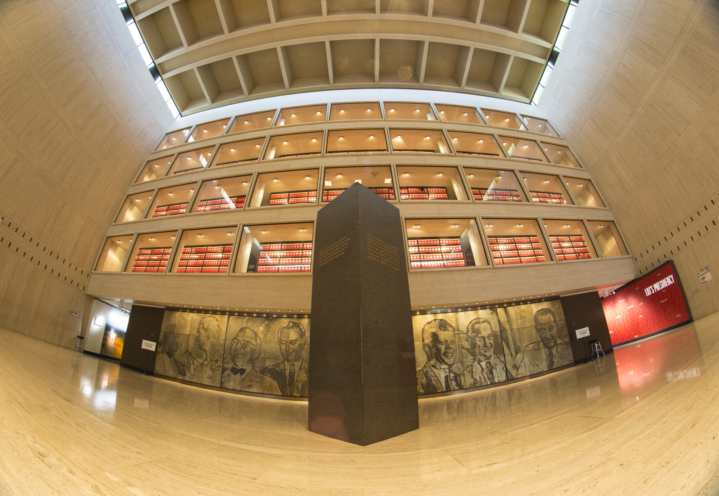 The Great Hall of the LBJ Library photographed with a fisheye lens.