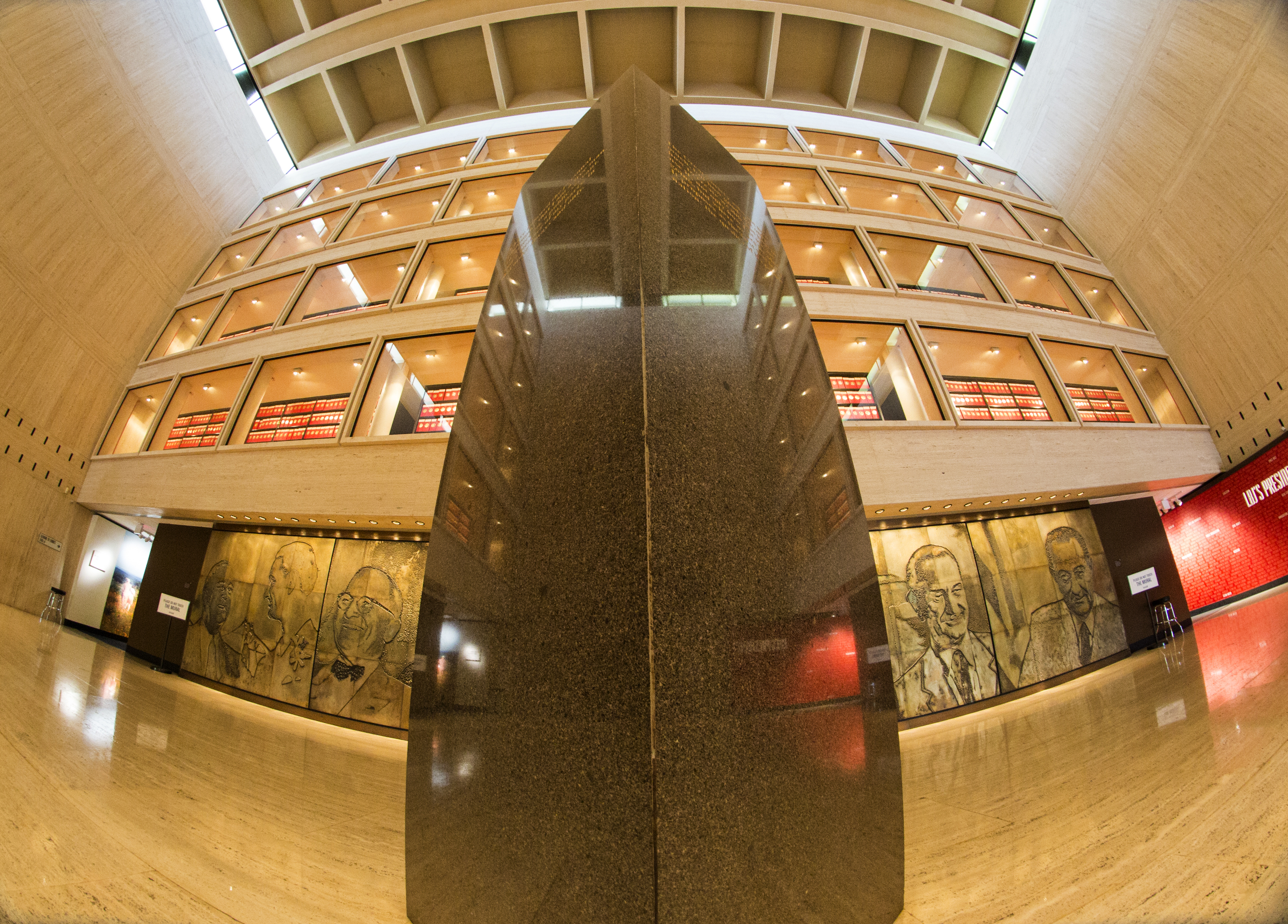 The Great Hall of the LBJ Library photographed with a fisheye lens.
