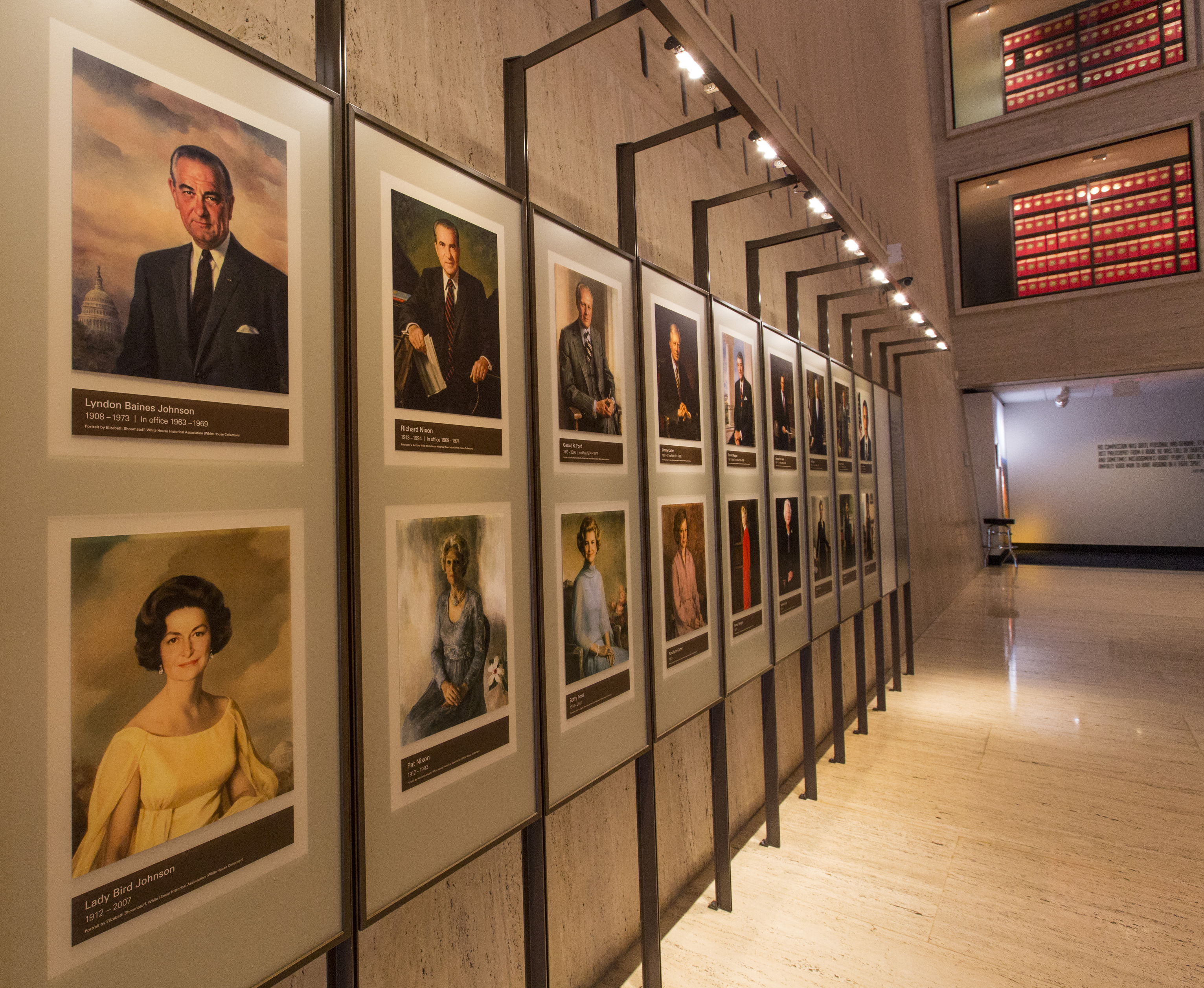 The Presidents and First Ladies exhibit in the Great Hall of the LBJ Presidential Library.