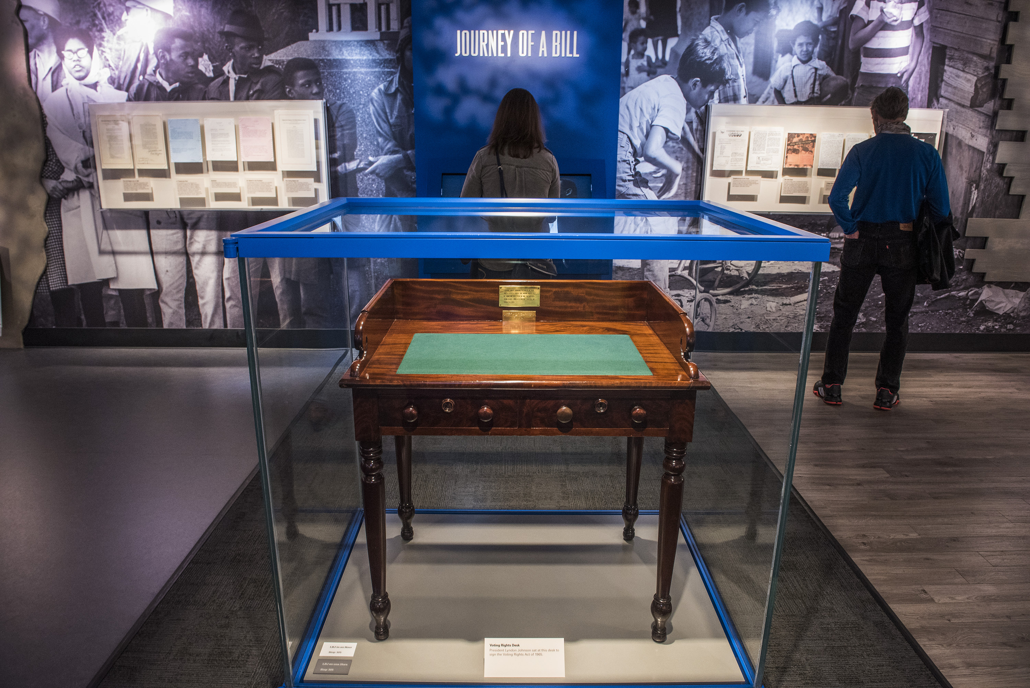 President Lyndon Johnson sat at this desk in the President’s Room of the U.S. Capitol to sign the Voting Rights Act of 1965 on August 6, 1965. The desk is on permanent display at the LBJ Presidential Library in Austin, Texas.