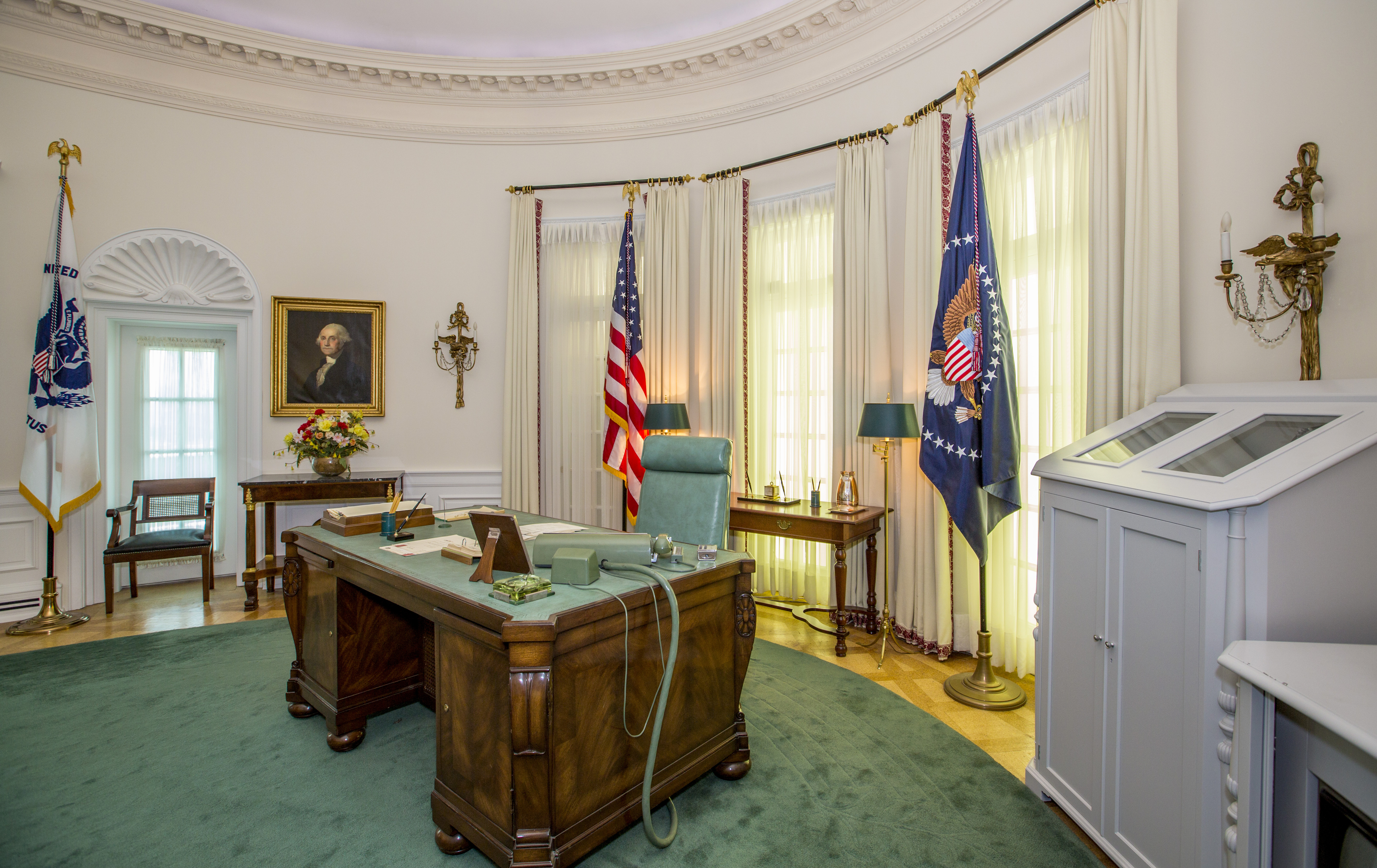 A view of the Oval Office replica at the LBJ Presidential Library in Austin, Texas.