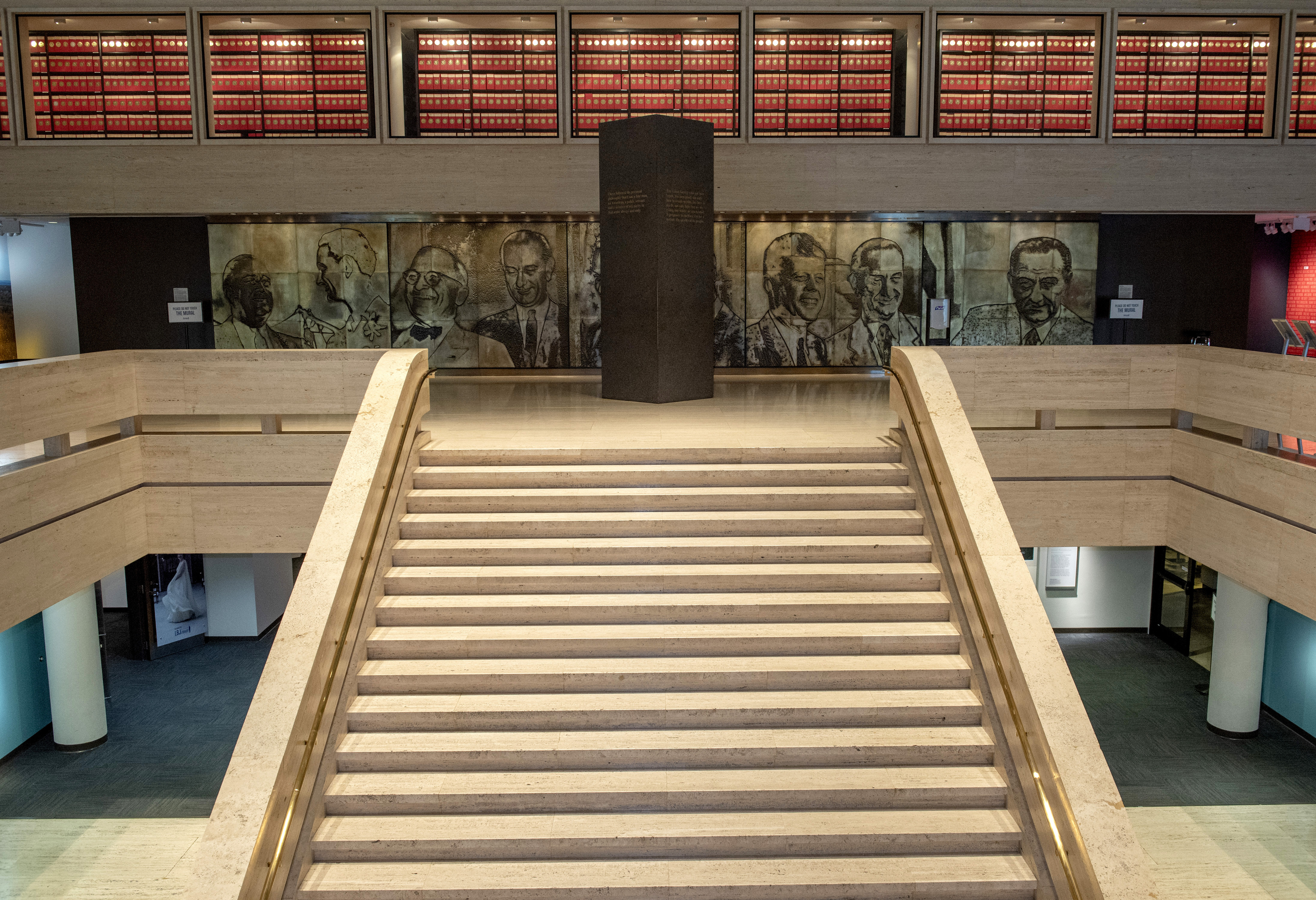 The stairs leading up into the Great Hall at the LBJ Library.