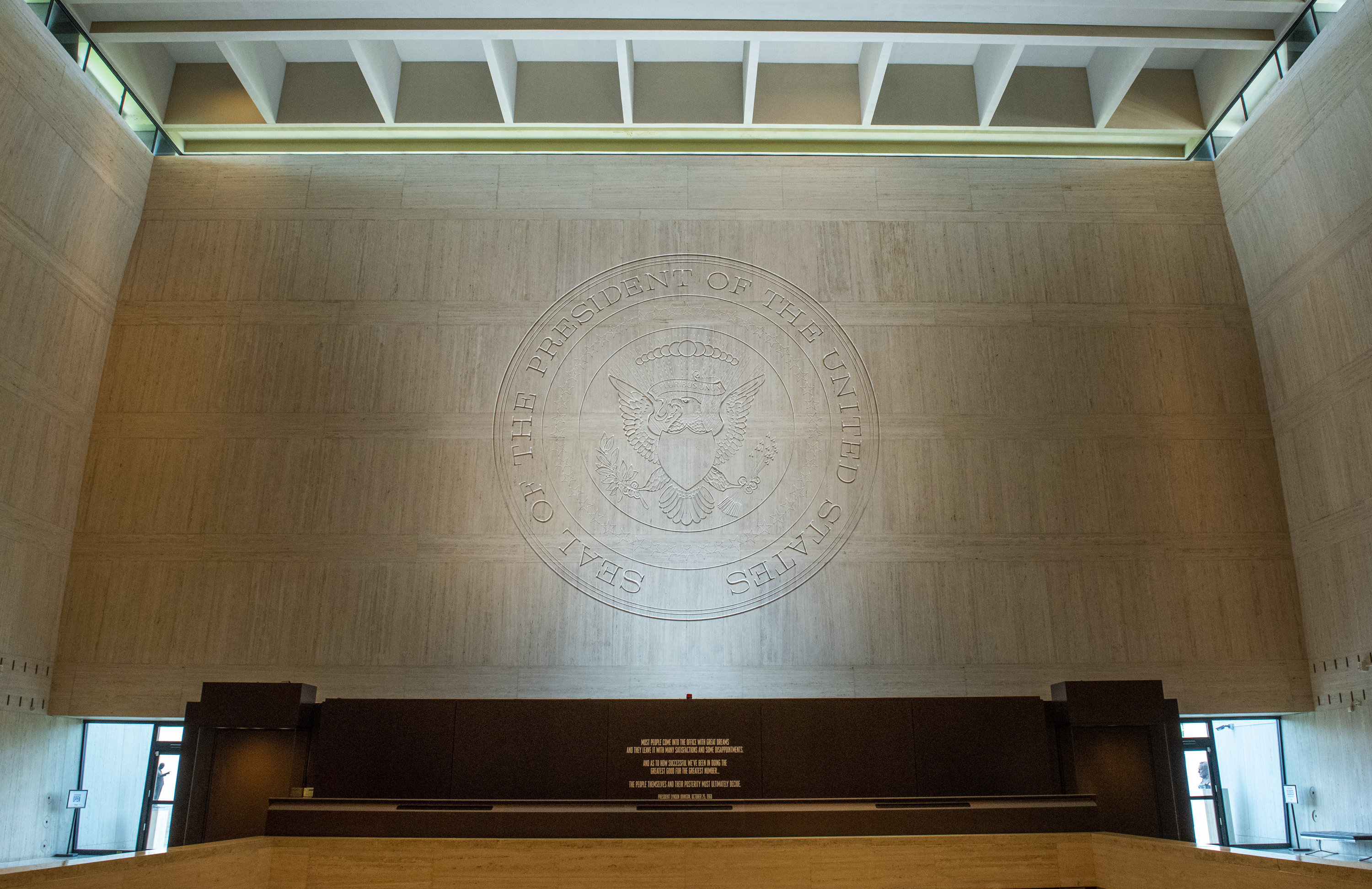 The Presidential Seal on a wall in the Great Hall at the LBJ Library.