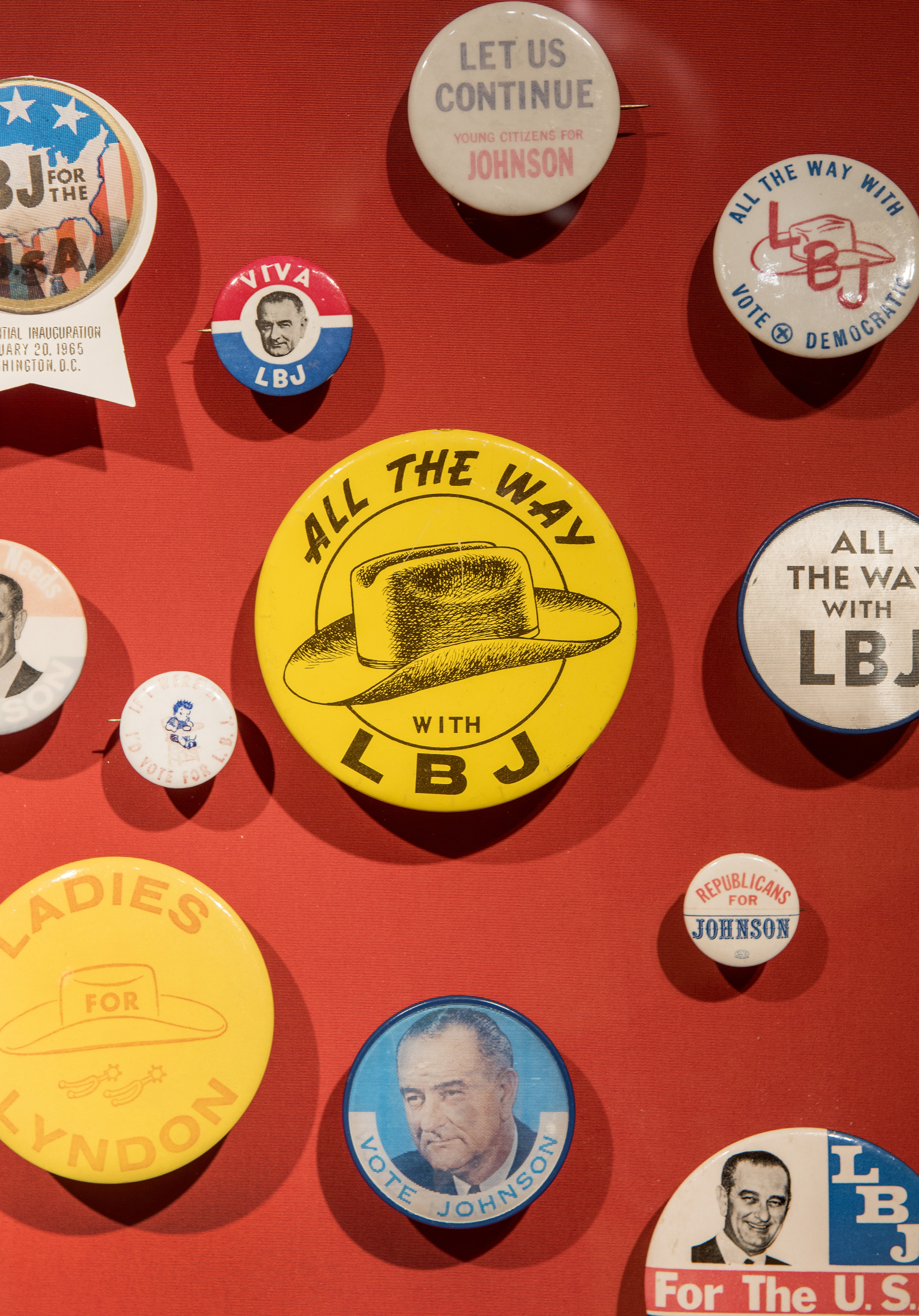 Campaign buttons from the 1964 Presidential race on display at the LBJ Presidential Library in Austin, Texas.