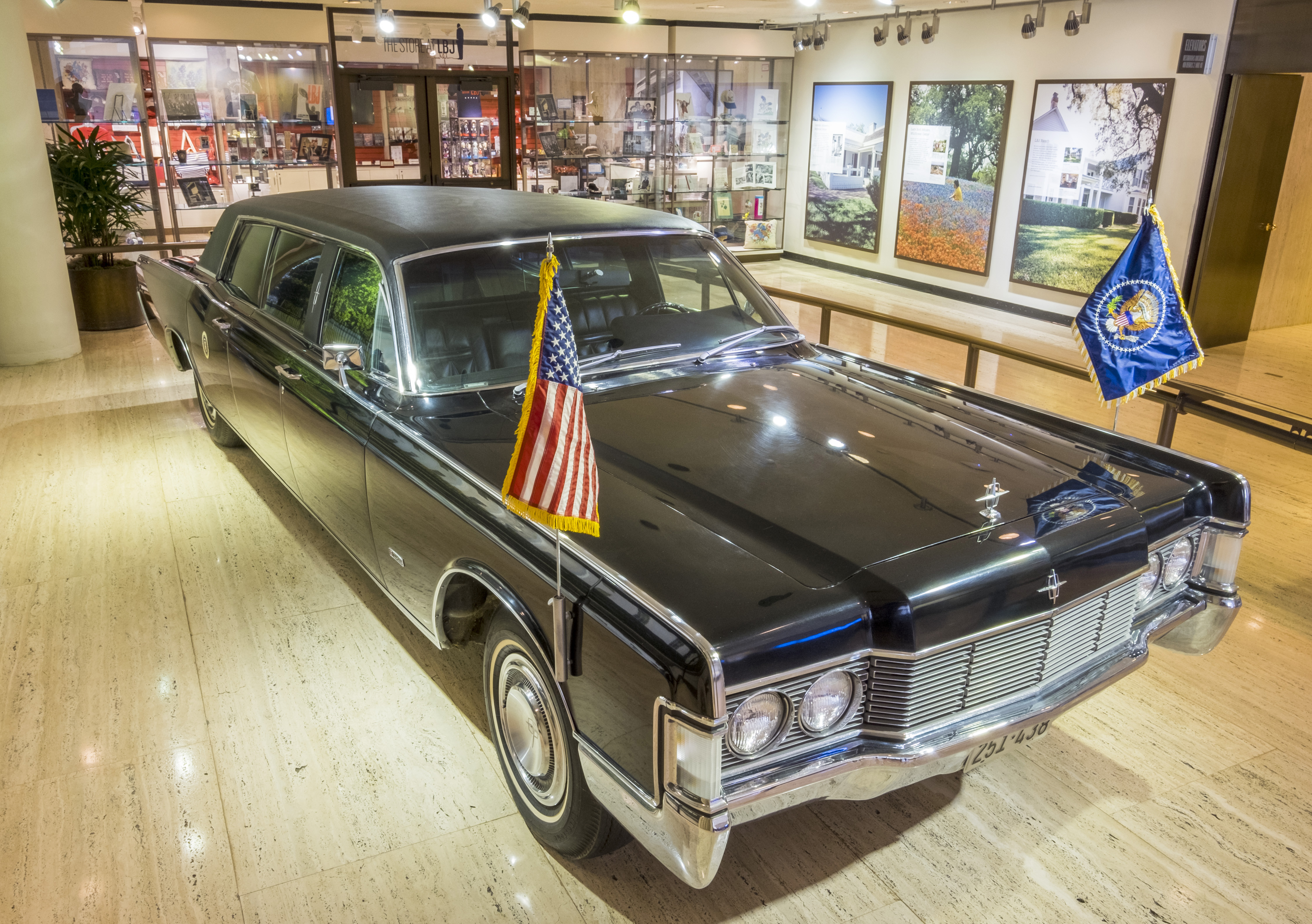 LBJ's Presidential limousine on exhibit in the lobby of the LBJ Library in Austin, Texas.