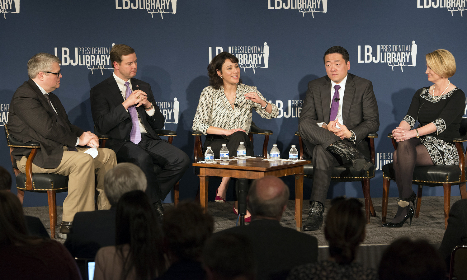(L-R) Ben Philpott, left, Rep. Trent Ashby, Rep. Gina Hinojosa, Rep. Gene Wu and Sen. Dawn Buckingham. LBJ Library photo by Jay Godwin #DIG14017_044.