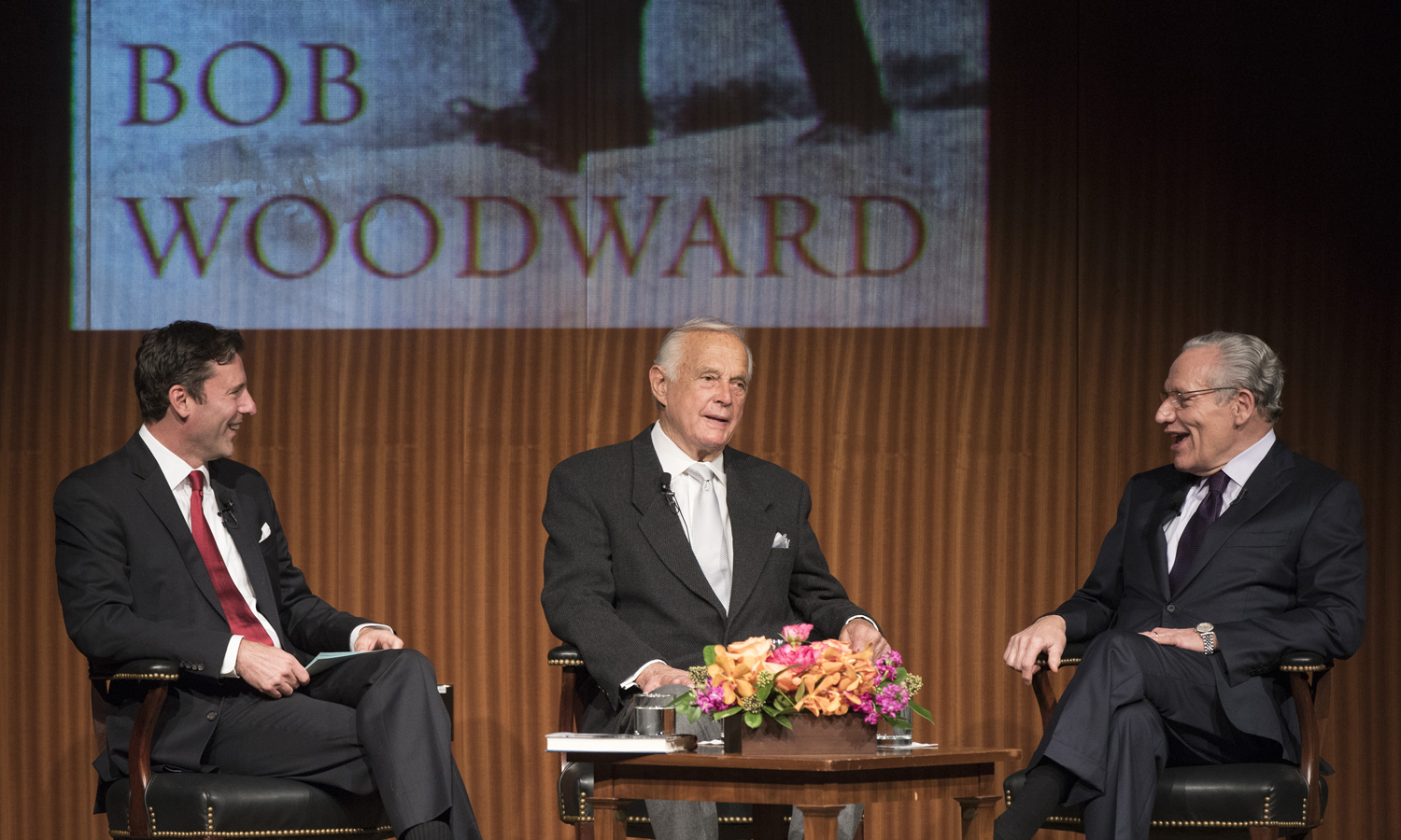 (L-R) Mark Updegrove, Alexander Butterfield and Bob Woodward, LBJ Library photo by Jay Godwin, DIG13846-092