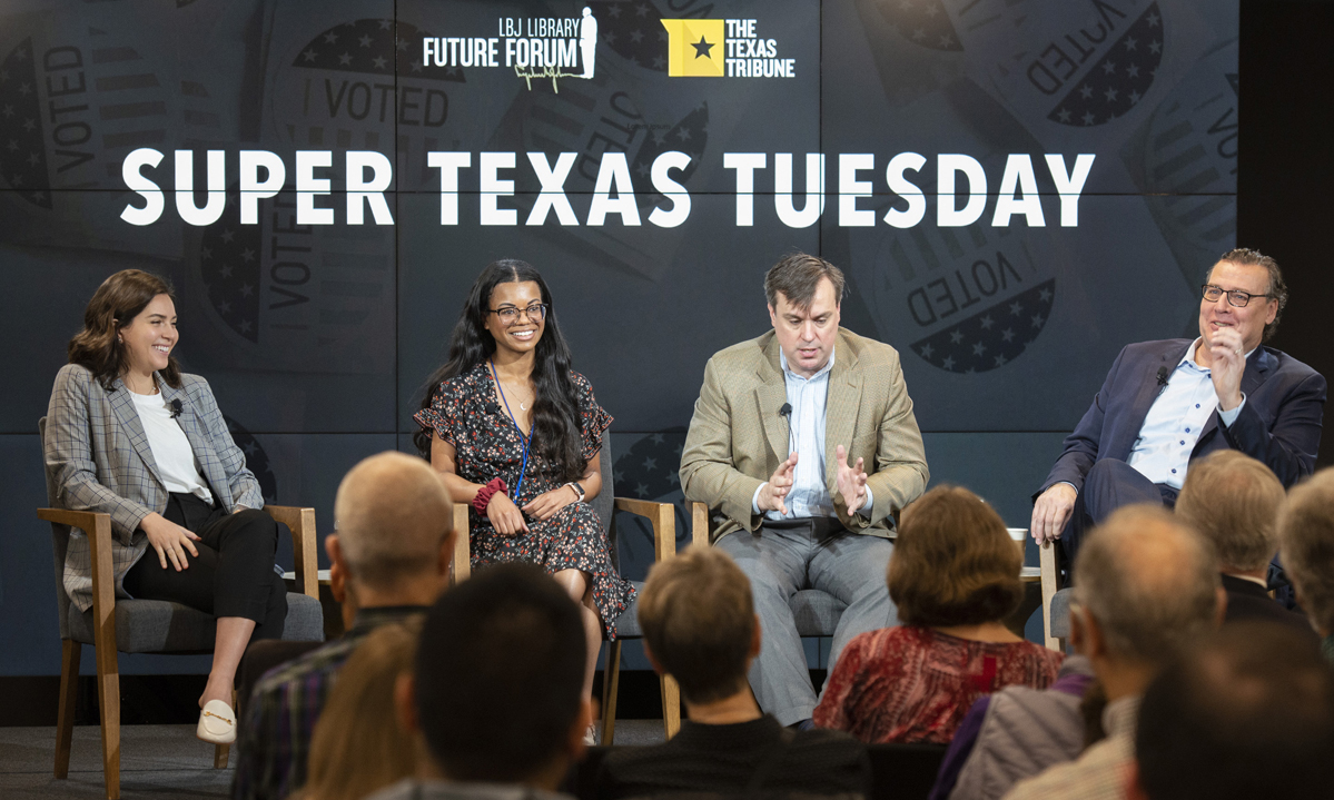 (L-R) Cassi Pollock, Alex Samuels, Jonathan Martin, and Jim Henson. LBJ Library photo by Jay Godwin.
