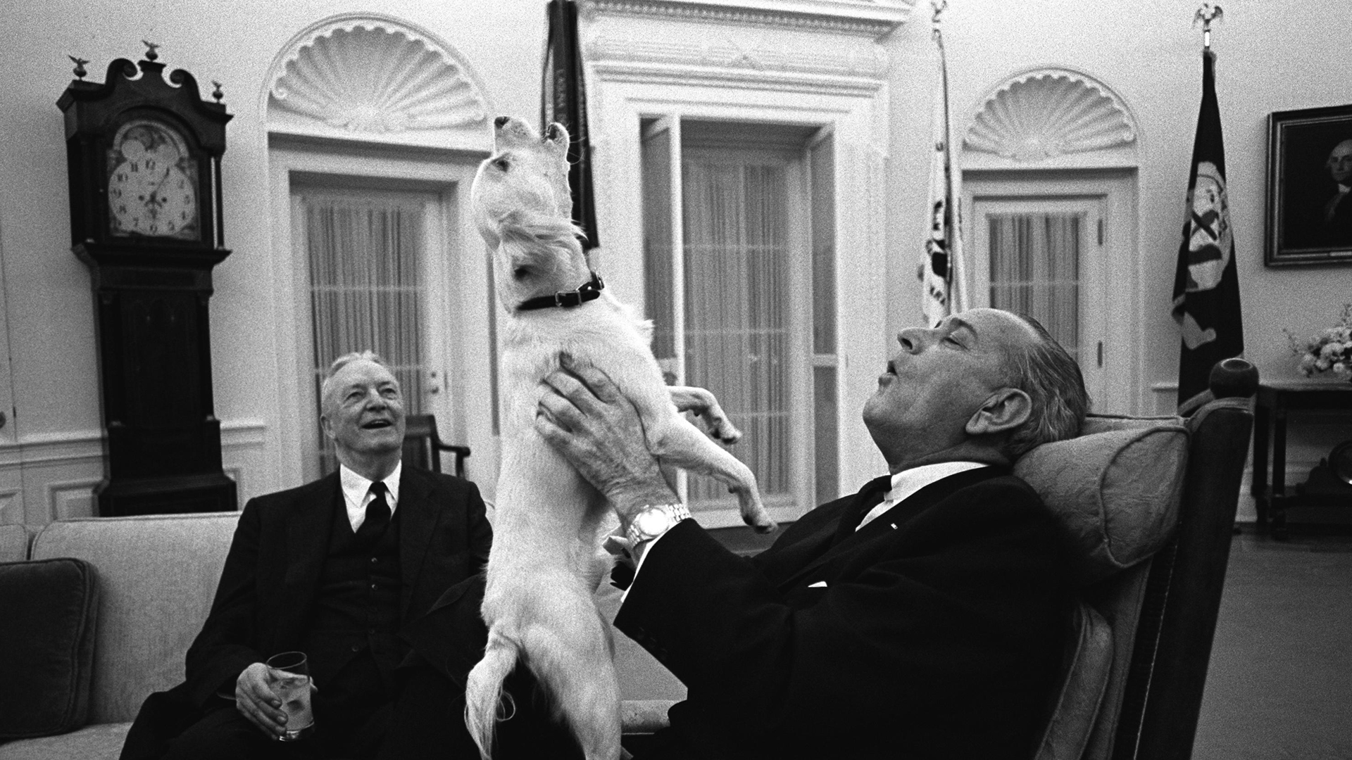 President Lyndon B. Johnson sings with Yuki as Amb. David Bruce looks on.