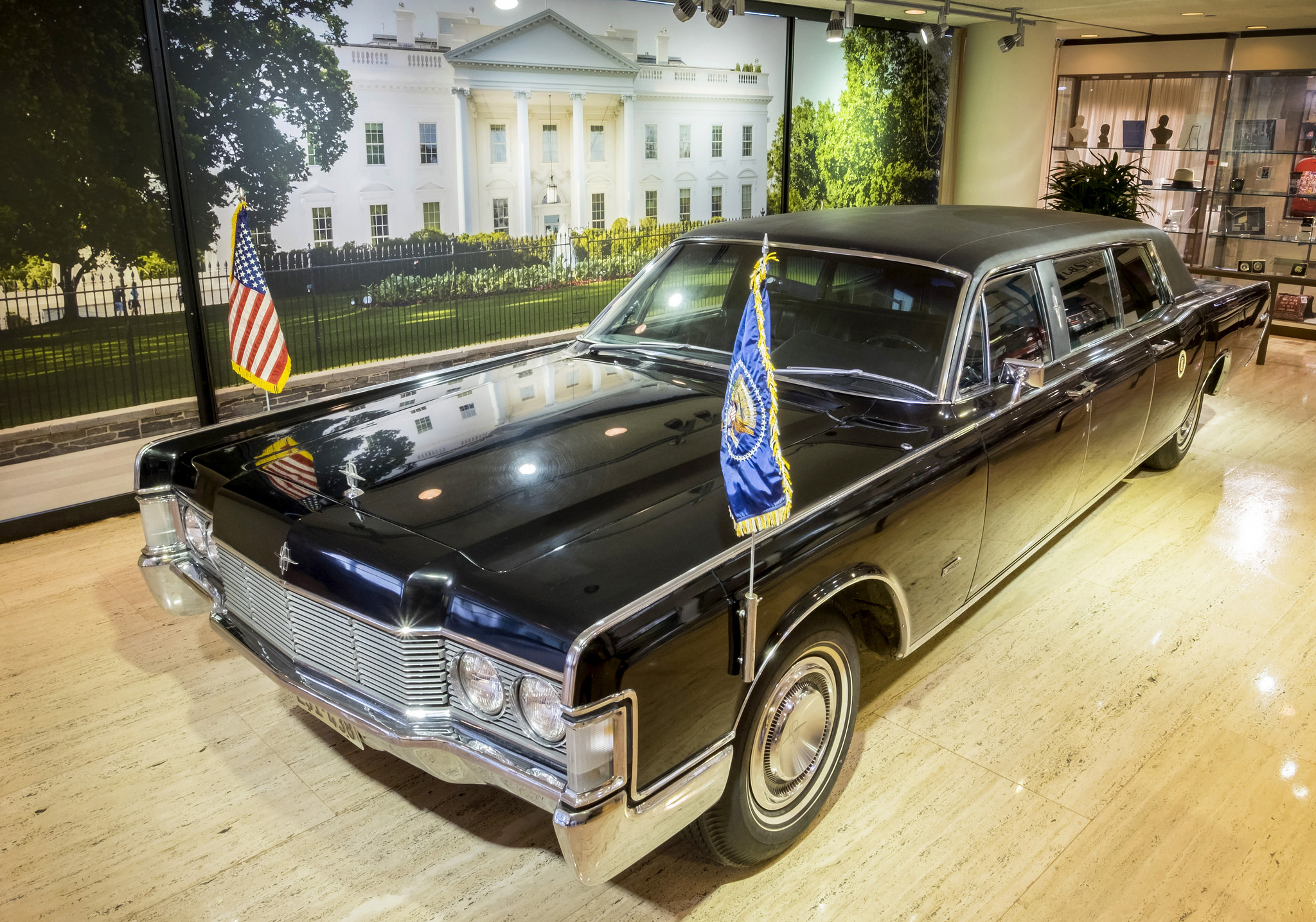 LBJ's presidential limousine on exhibit in the lobby of the LBJ Library