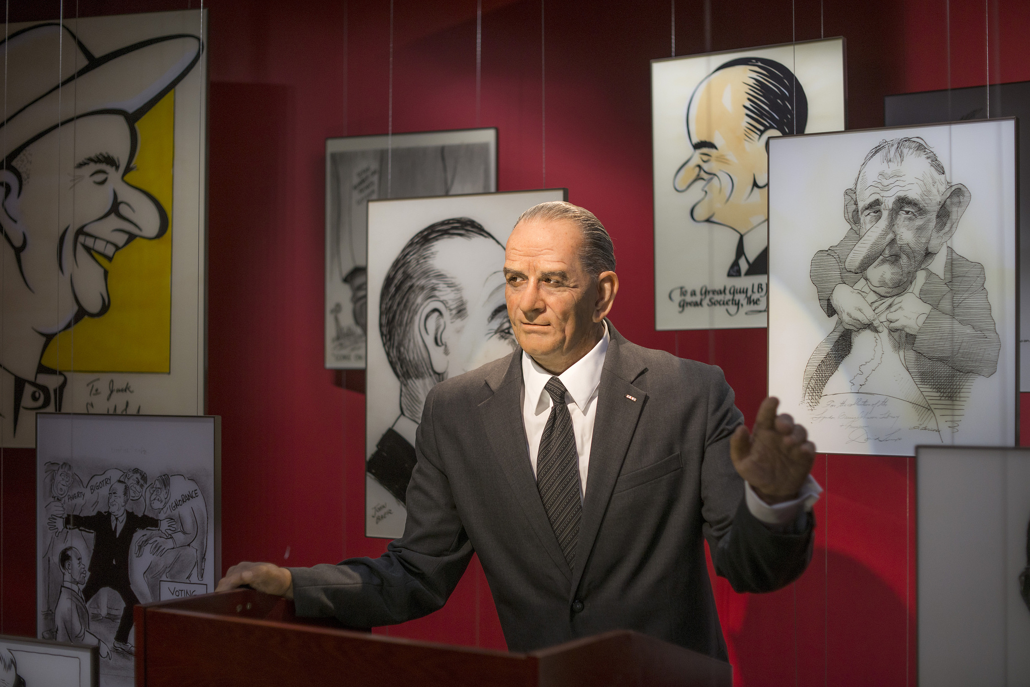 A view of the Animatronic LBJ in the LBJ's Humor exhibition at the LBJ Library.
