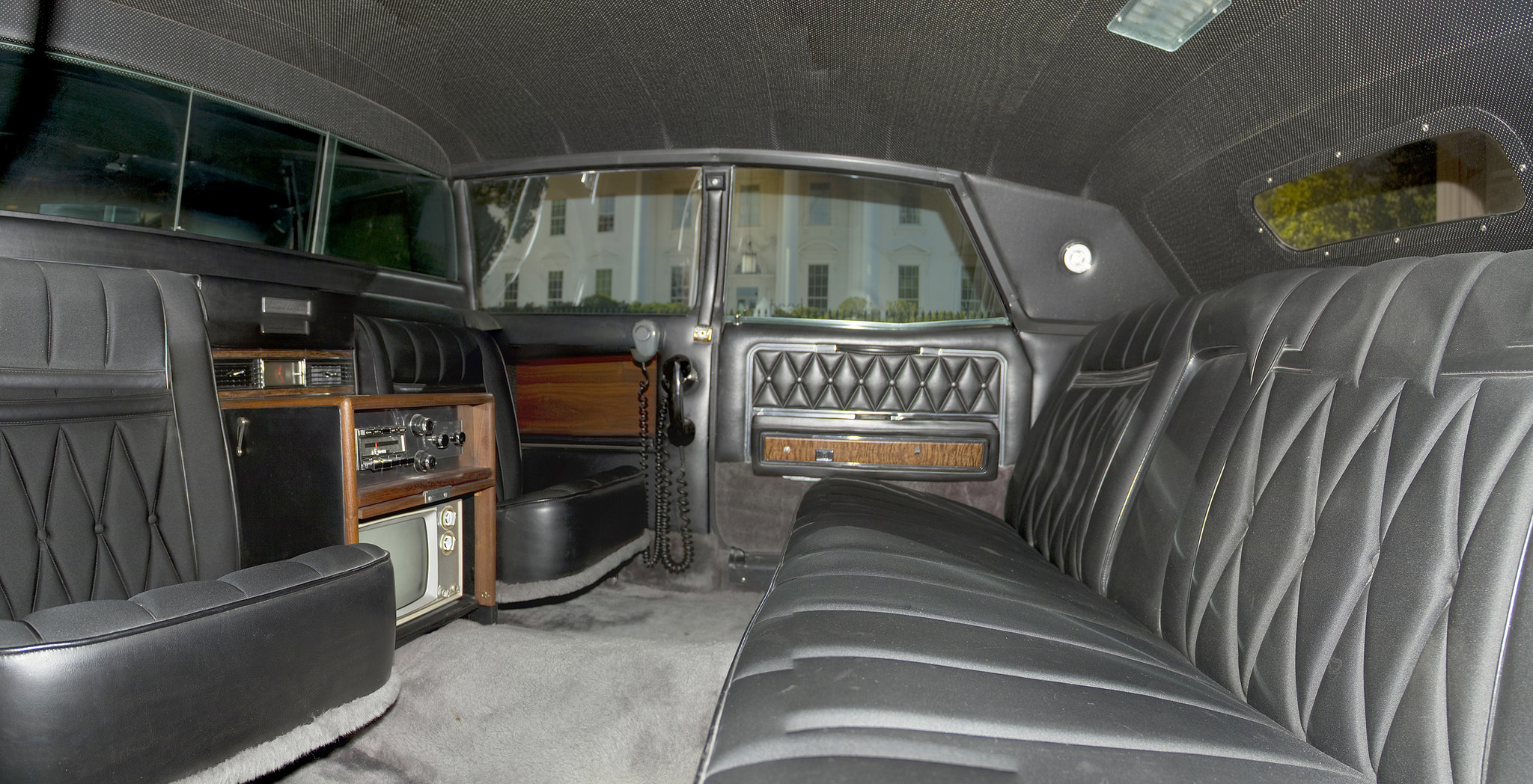 A view of the back seat of LBJ's limo, now on display at the LBJ Library