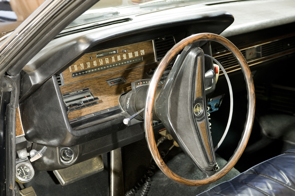 A view of the steering wheel in LBJ's limo, on display at the LBJ Library
