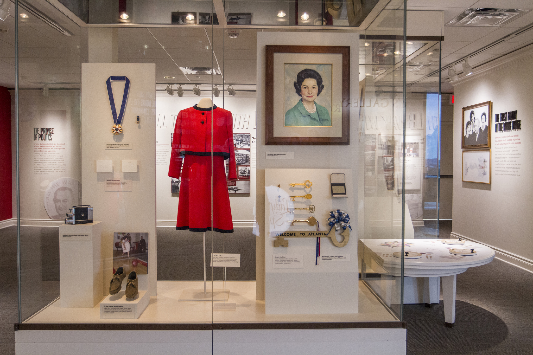 A view of artifacts on display in the First Lady's Gallery exhibition at the LBJ Library.