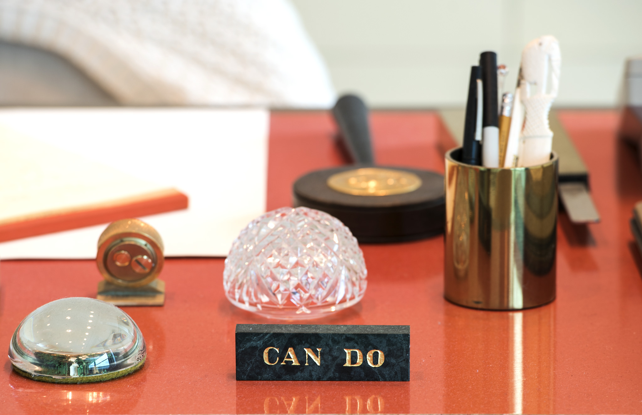 A close up view of the items on Lady Bird Johnson's desk at the LBJ Library.