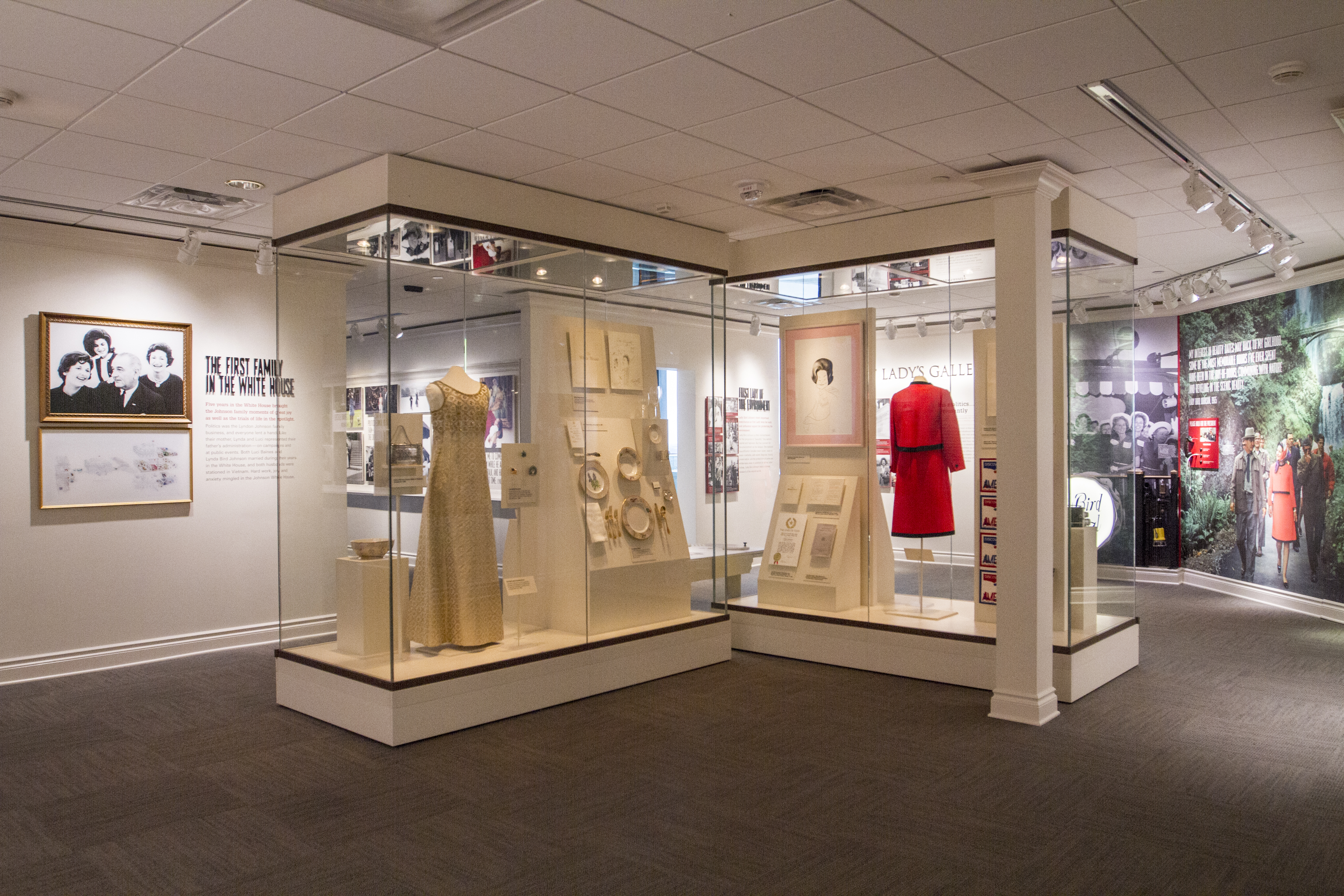 A wide view of the First Lady's Gallery exhibition at the LBJ Library.