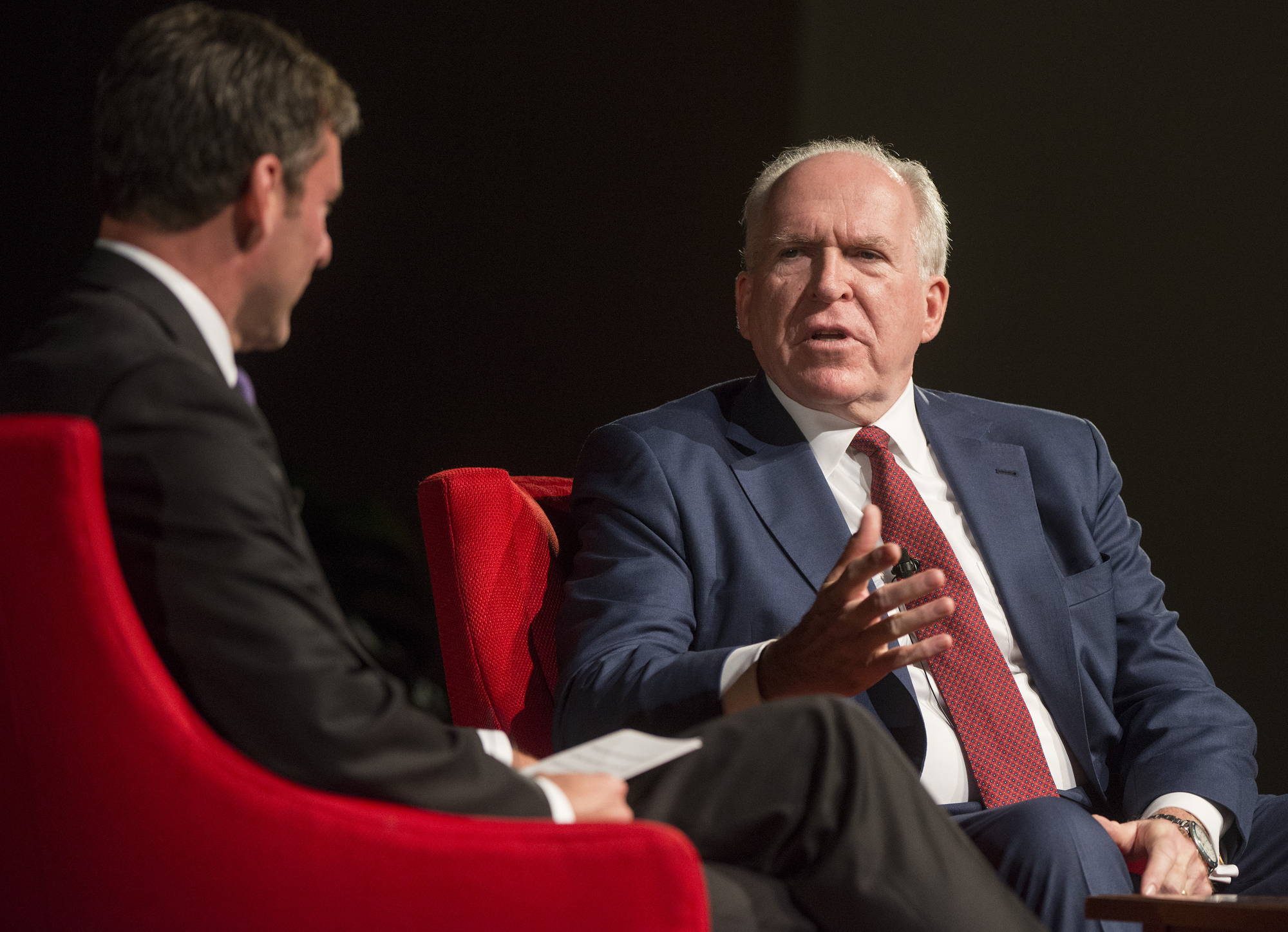 (L-R) Mark Updegrove and former CIA Director John Brennan. LBJ Library photo by Jay Godwin #DIG14385-005.
