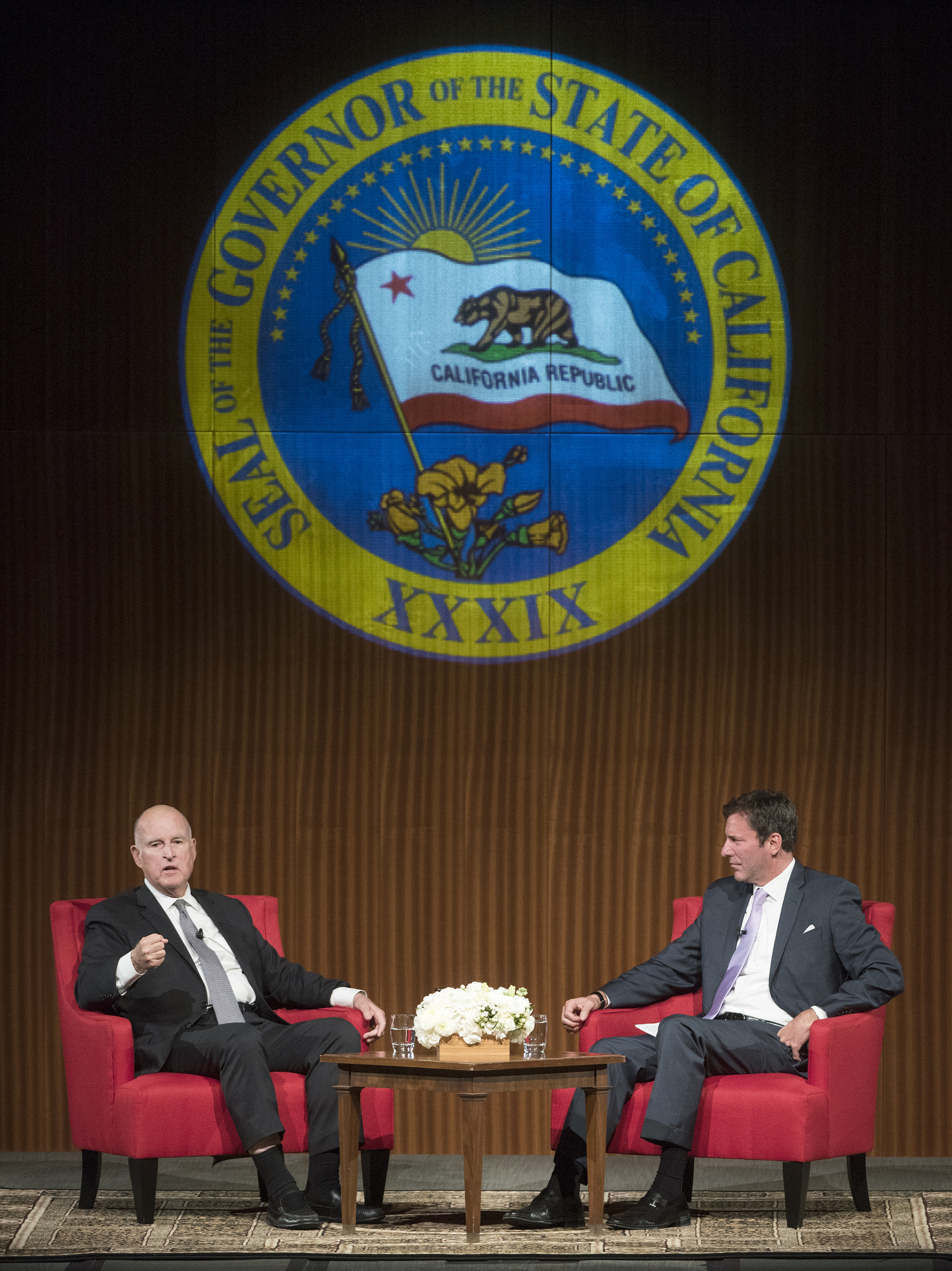 (L-R) Governor Jerry Brown and Mark K. Updegrove. LBJ Library photo by Jay Godwin #DIG14394-004.