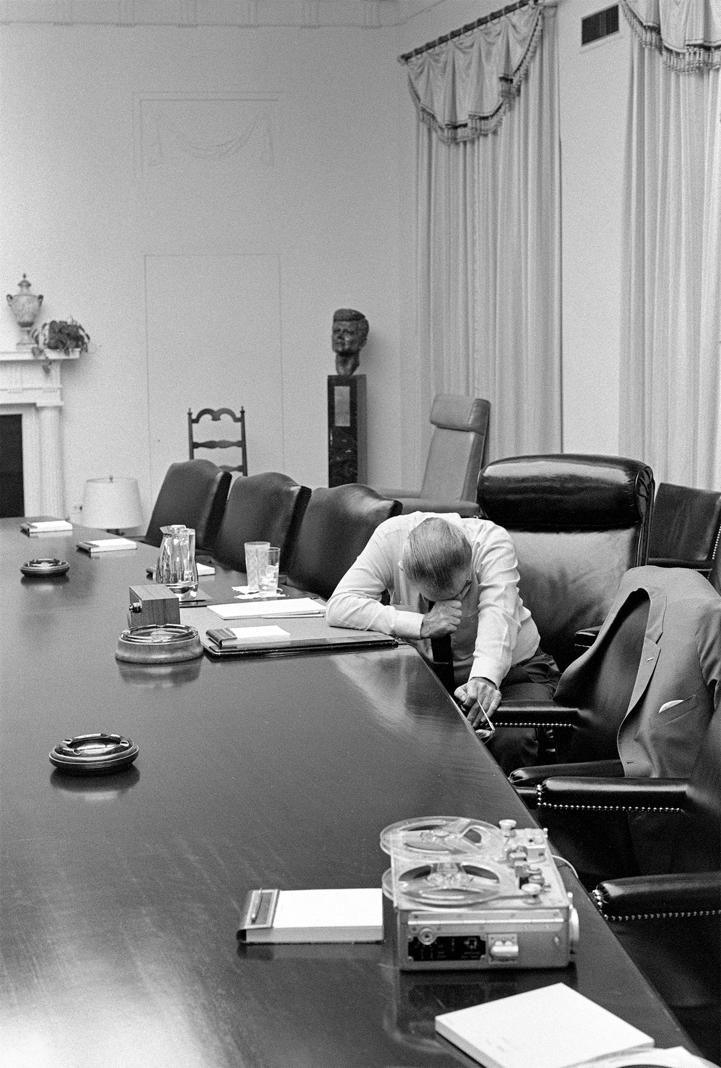 President Lyndon B. Johnson listens to tape sent by Captain Charles Robb from Vietnam. LBJ Library photo by Jack Kightlinger #B1274-16.