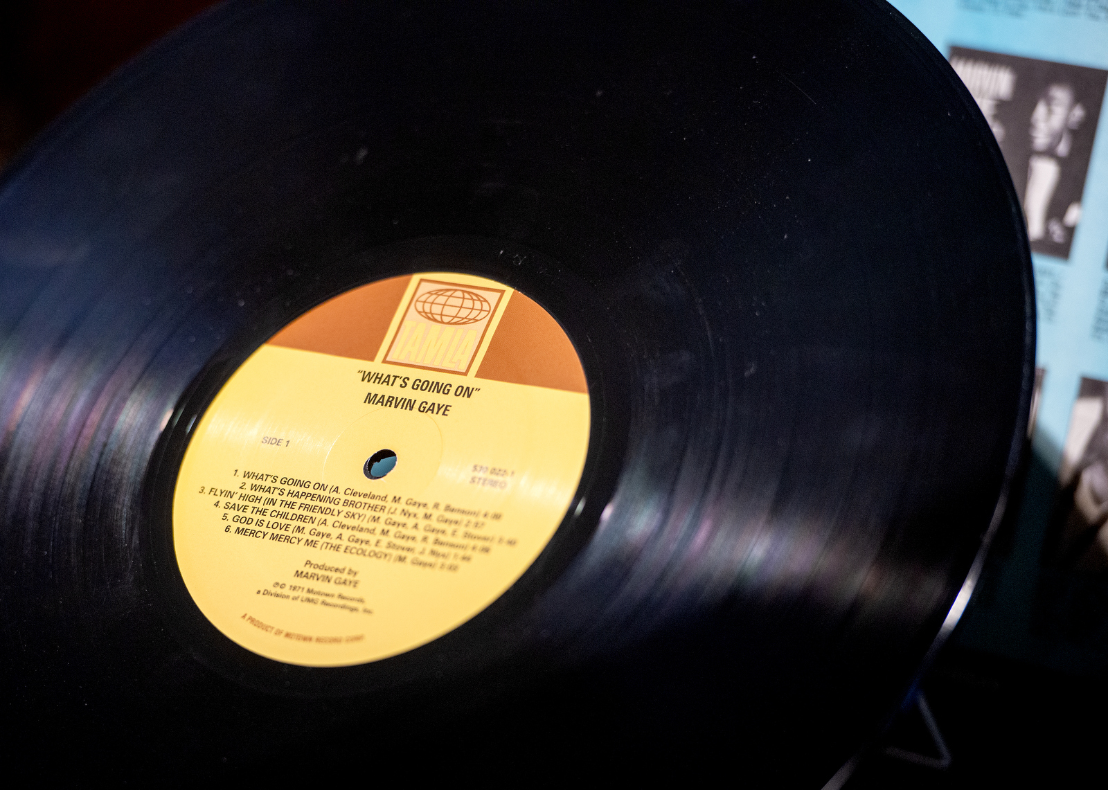 A view of Marvin Gaye's "What's Going On" record on view in the exhibition.