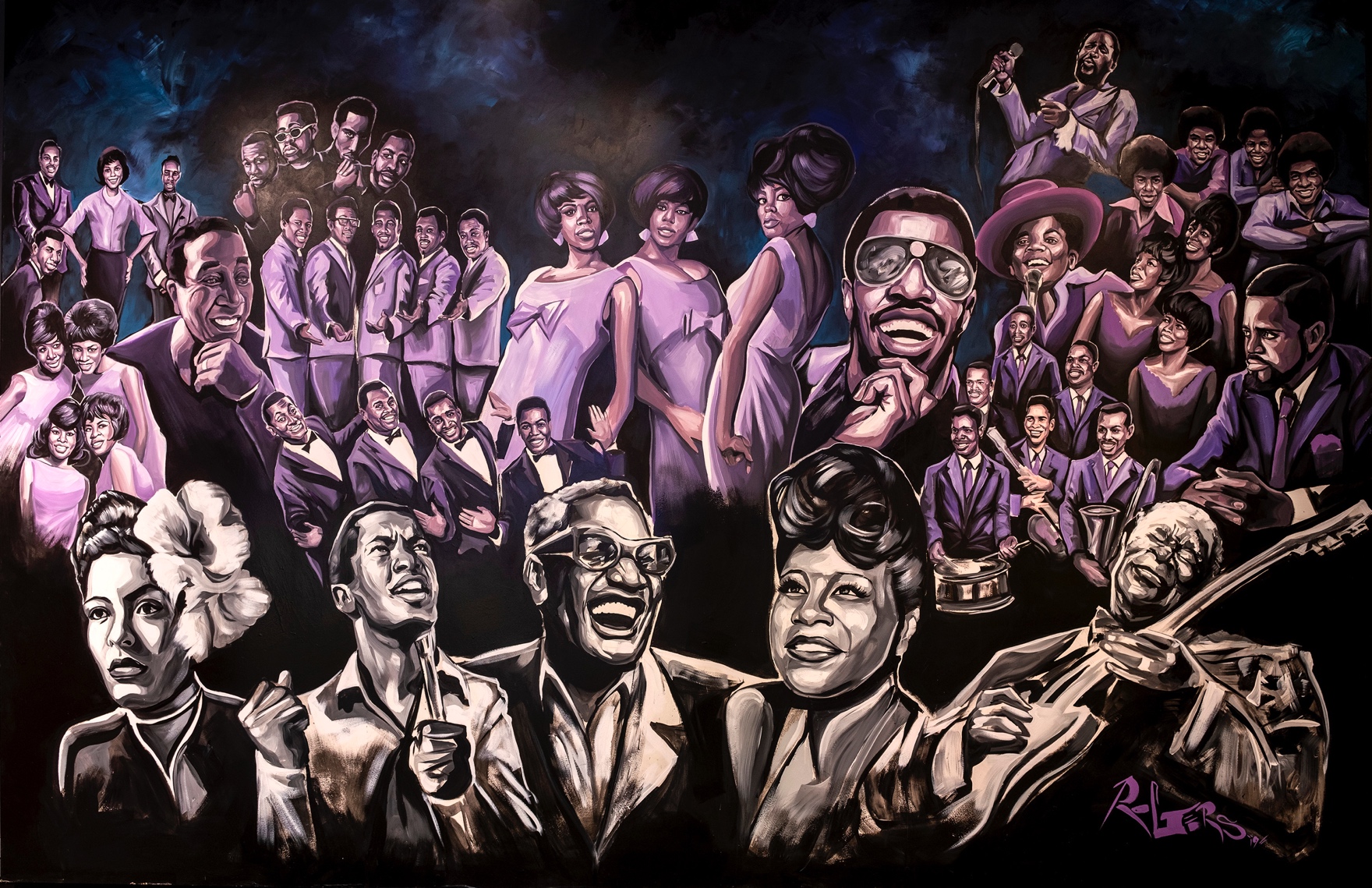 A view of the Motown mural first seen when you walk through the "Motown: The Sound of Young America" exhibition doors.