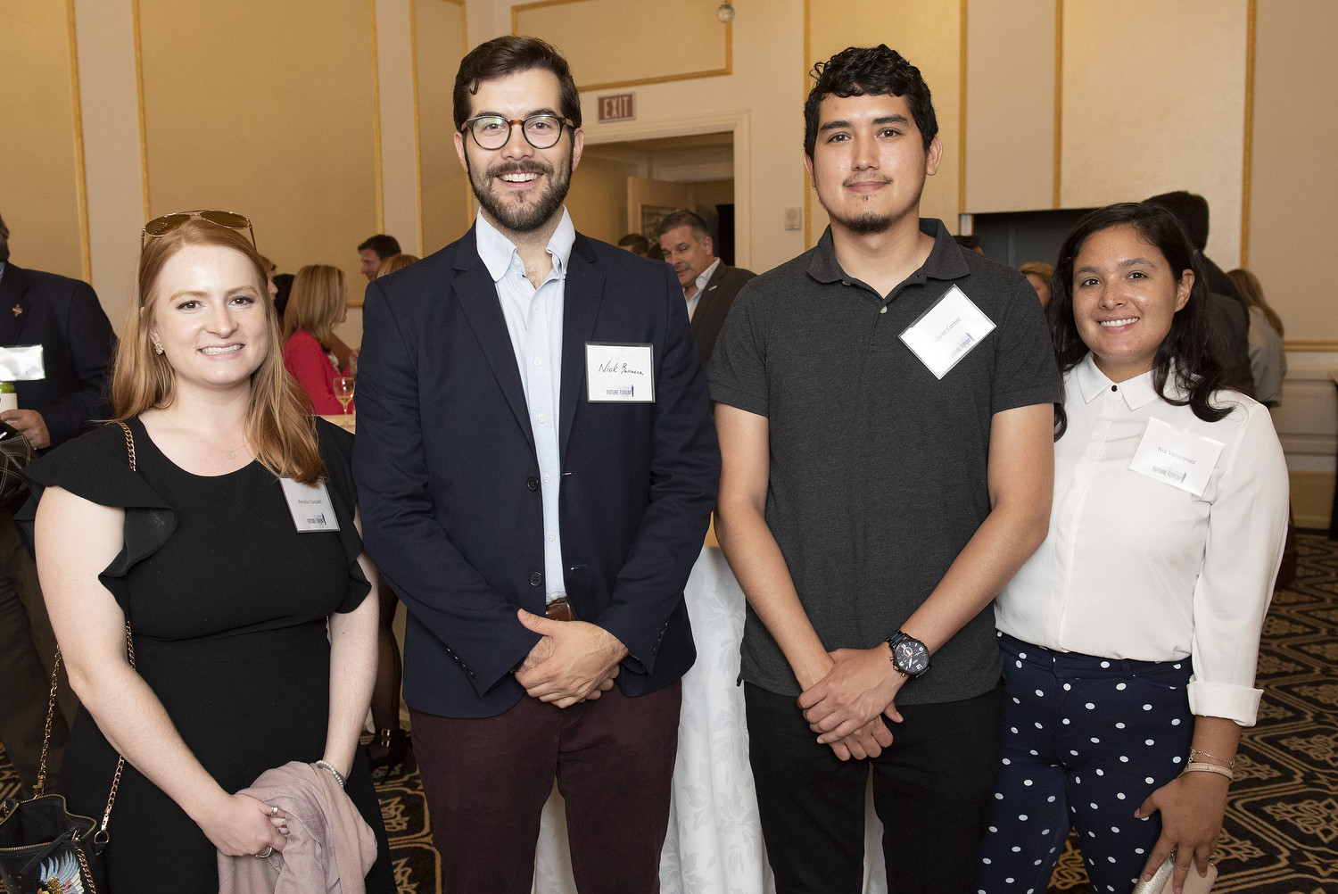 Amelia Vorpahl, Nick Barracca, Gabriel Cortez, and Nia Velazquez at a Future Forum event season kick off reception at The Driskill Hotel.