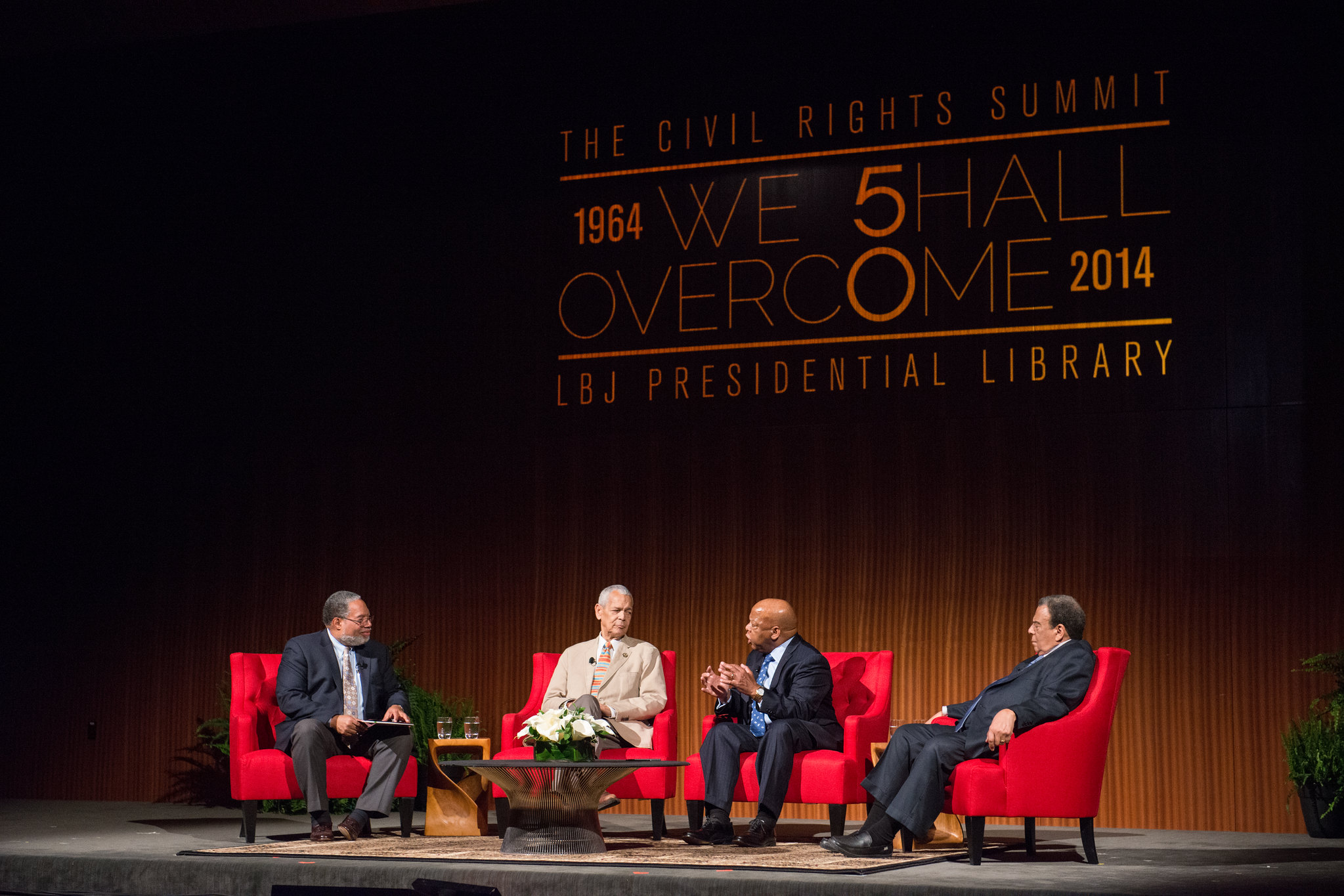 APRIL 9--Shown left to right, Lonnie G. Bunch, III, Founding Director of the National Museum of African American History and Culture, Julian Bond, Former Chairman of the NAACP, John Lewis, US Representative from Georgia, and Andrew Young, Former Congressman and United States Ambassador discuss a panel on the Heroes of the Civil Rights Movement: Views from the Front Line at the Civil Rights Summit at the LBJ Presidential Library.