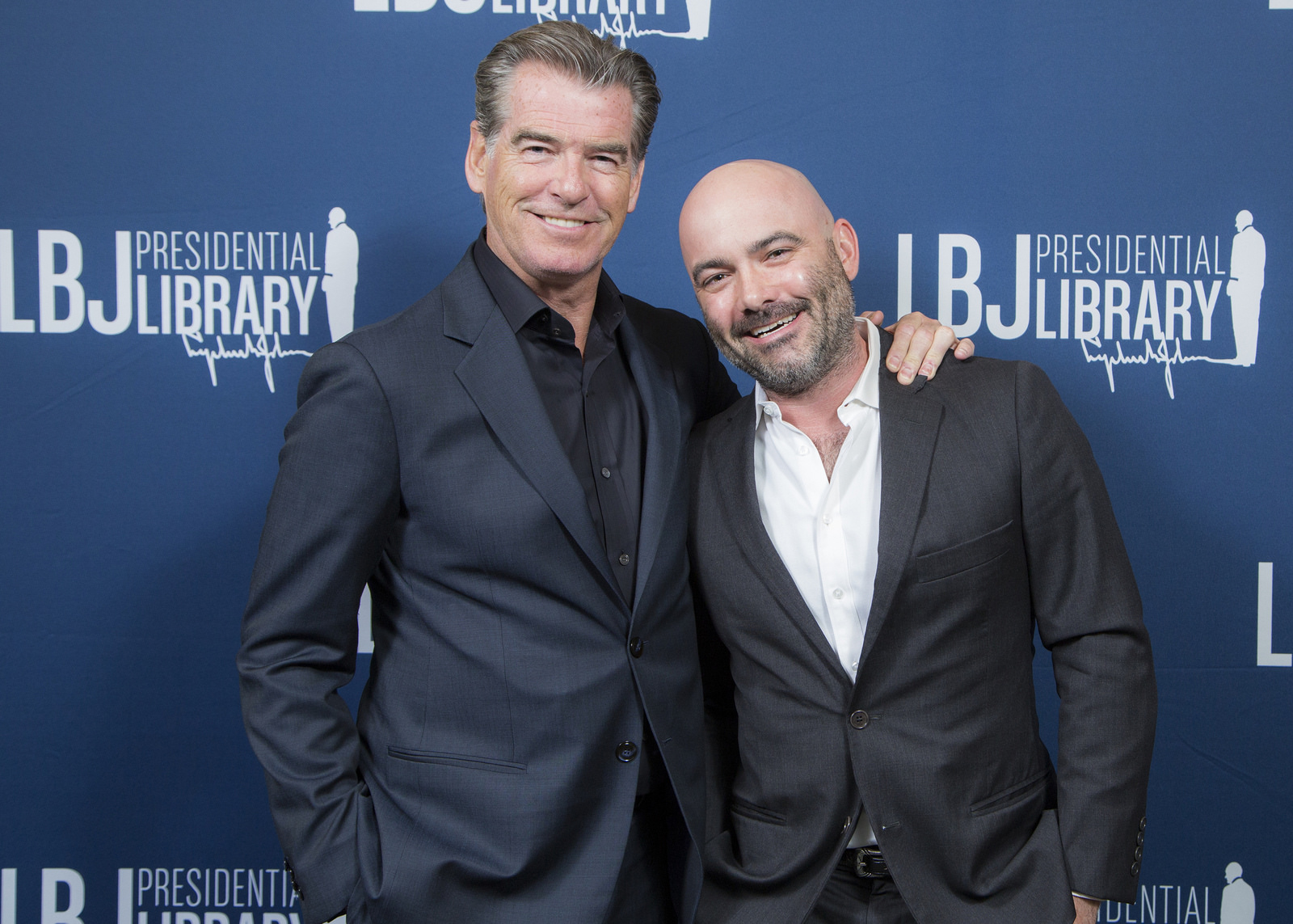 Pierce Brosnan and Philipp Meyer. LBJ Library photo by Jay Godwin #DIG14037_087.