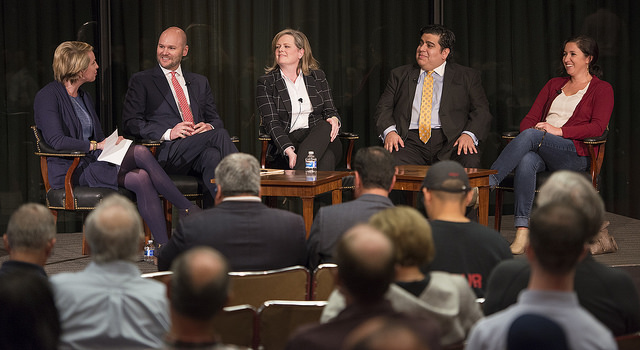 (L-R) Emily Ramshaw, Jason Johnson, Deirdre Delisi, Temo Muniz and Erica Grieder. LBJ Library photo by Jay Godwin #DIG13971_039.