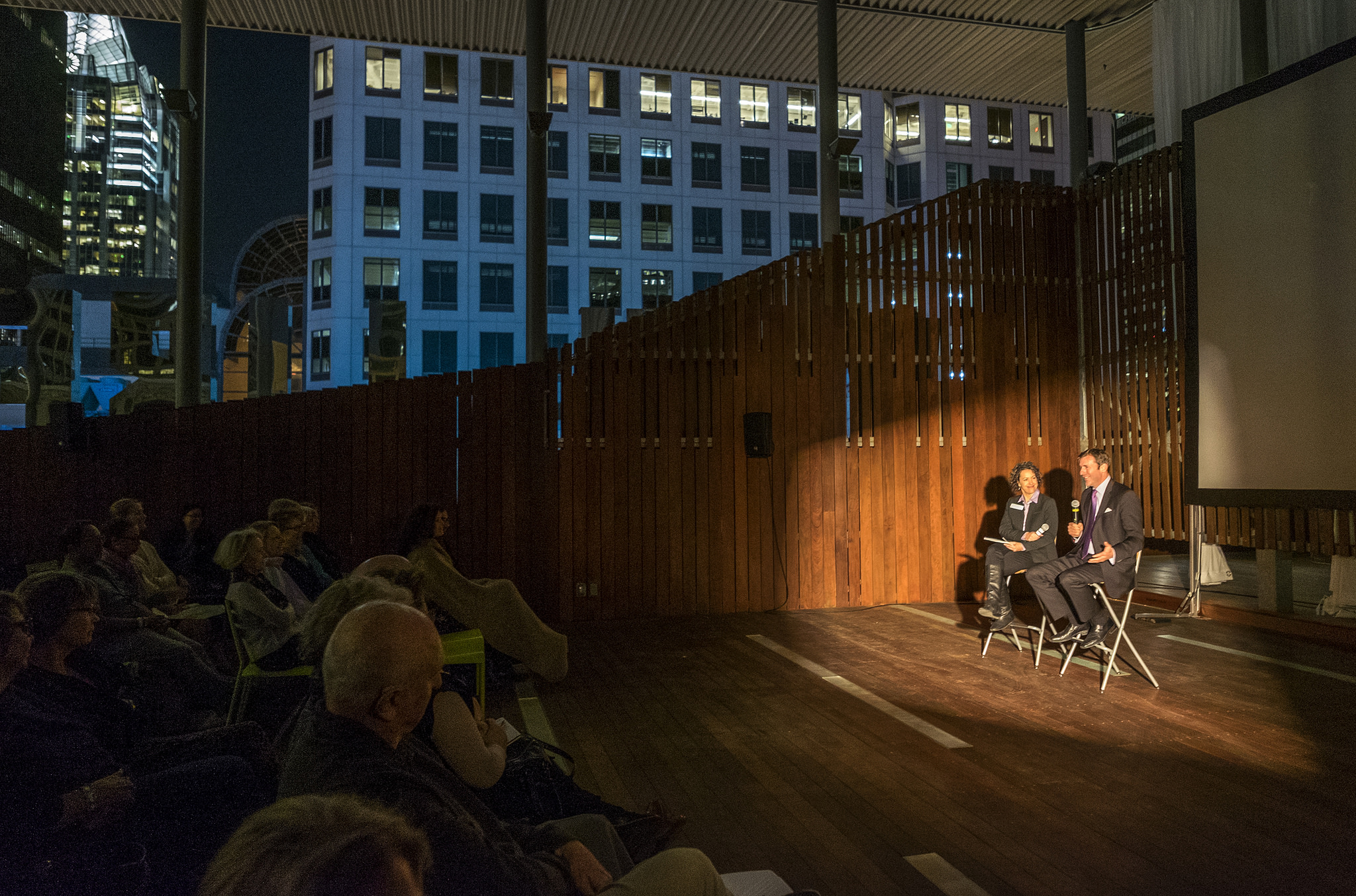 (L-R) Andrea Mellard and Mark Updegrove discuss the film. LBJ Library photo by Jay Godwin #DIG13995_073.