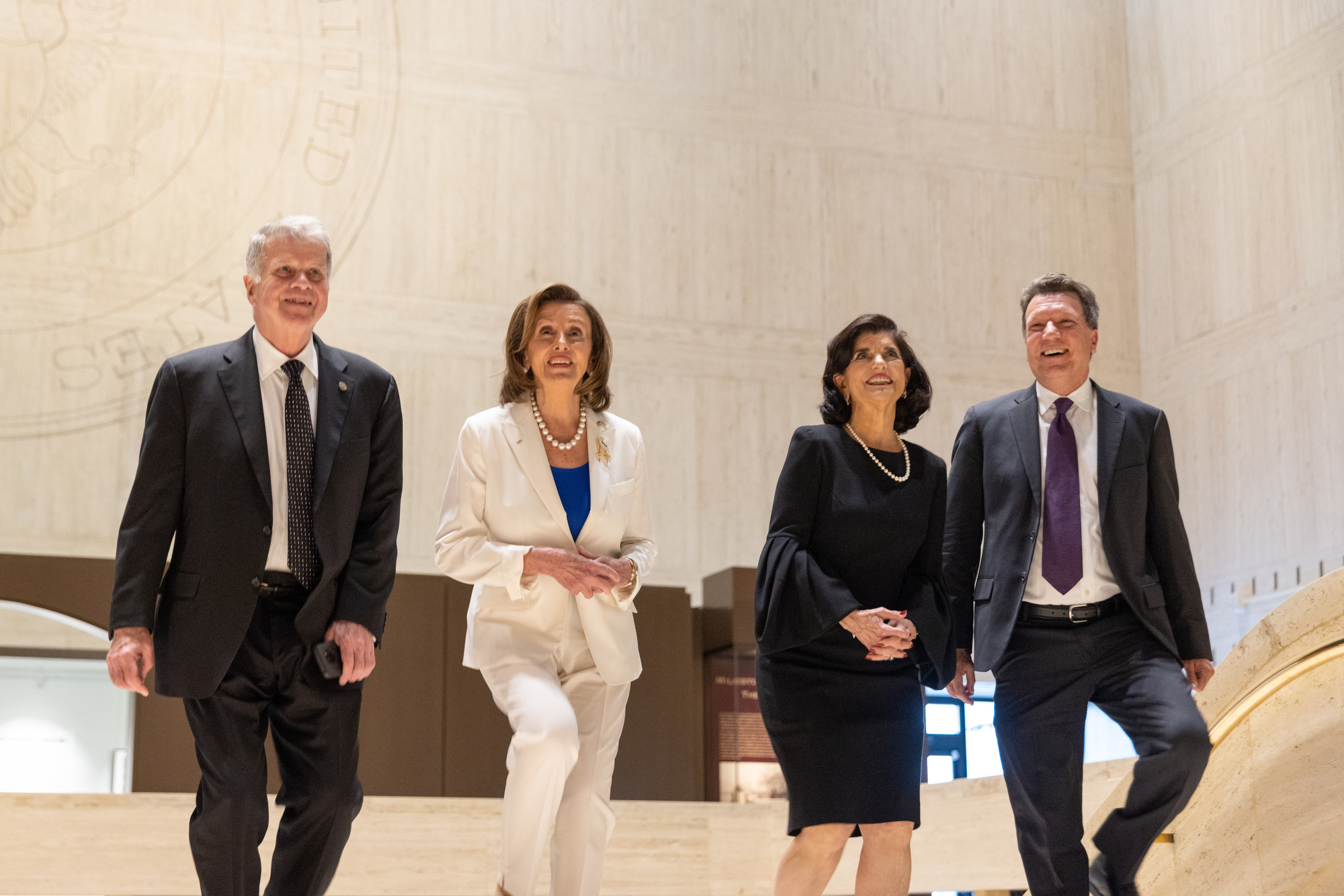David S. Ferriero, Archivist of the United States, Speaker Nancy Pelosi, Luci Baines Johnson and Mark Lawrence, Director of the LBJ Library, in the Great Hall of the LBJ Library.
