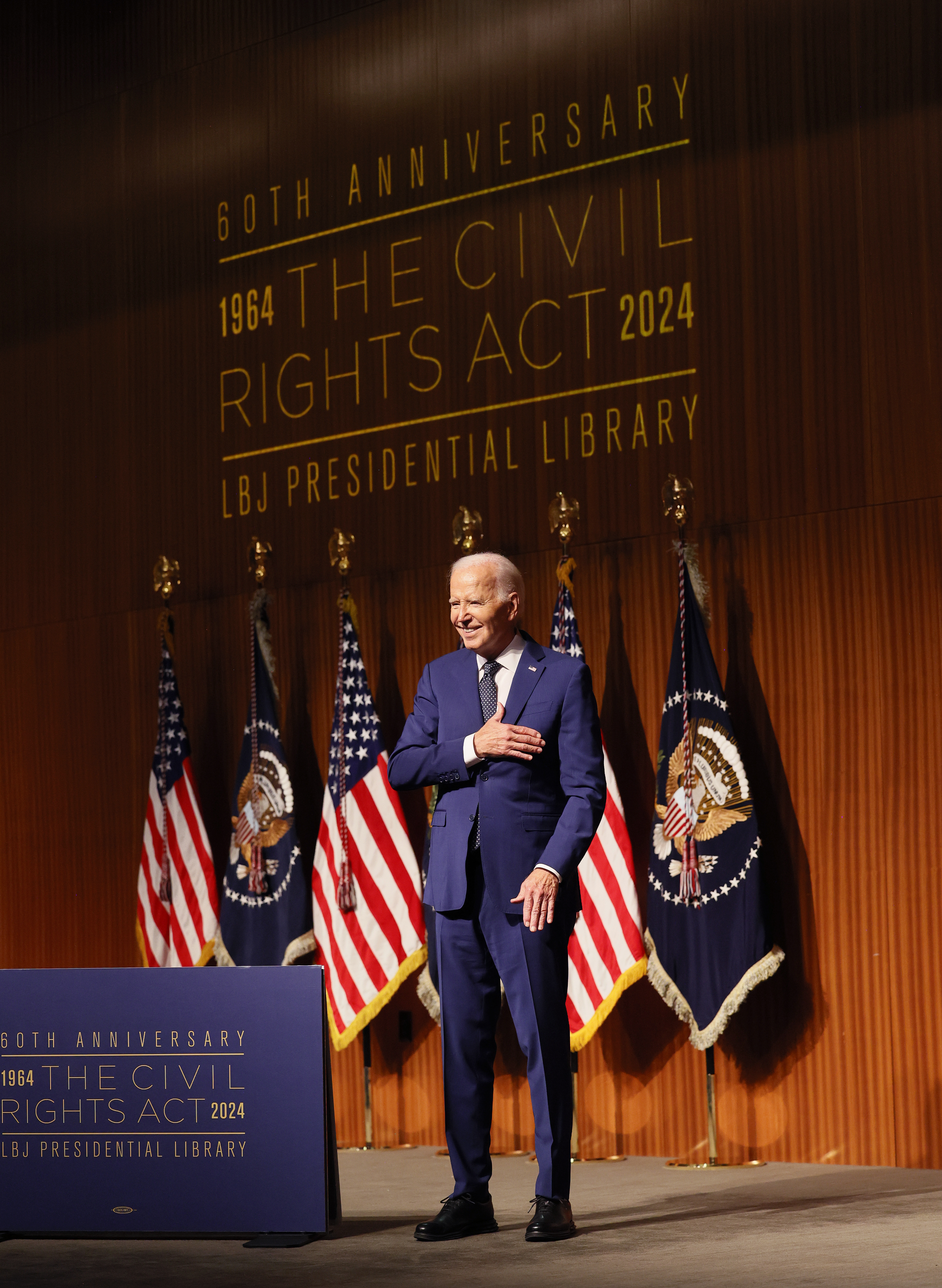 President Joe Biden delivers the keynote address to commemorate the 60th Anniversary of the Civil Rights Act at the LBJ Presidential Library on Monday, July 29, 2024.