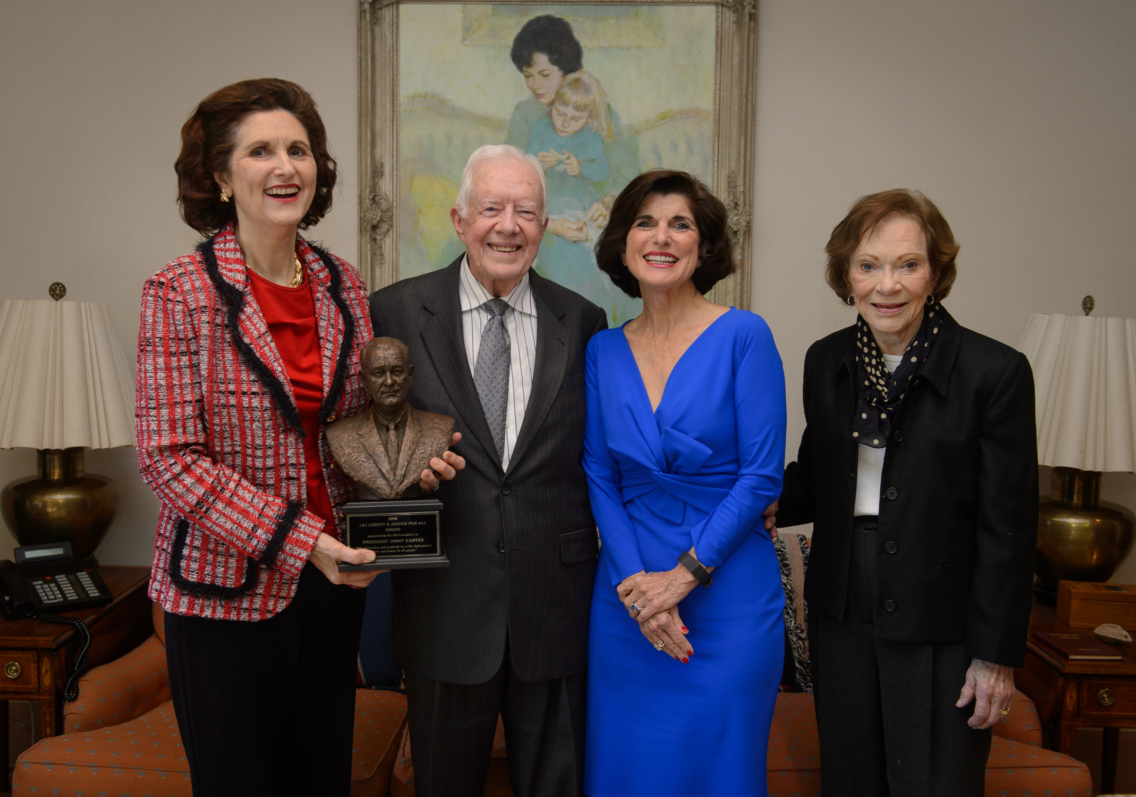 L-R: Lynda Johnson Robb, Jimmy Carter, Luci Baines Johnson, and Rosalynn Carter