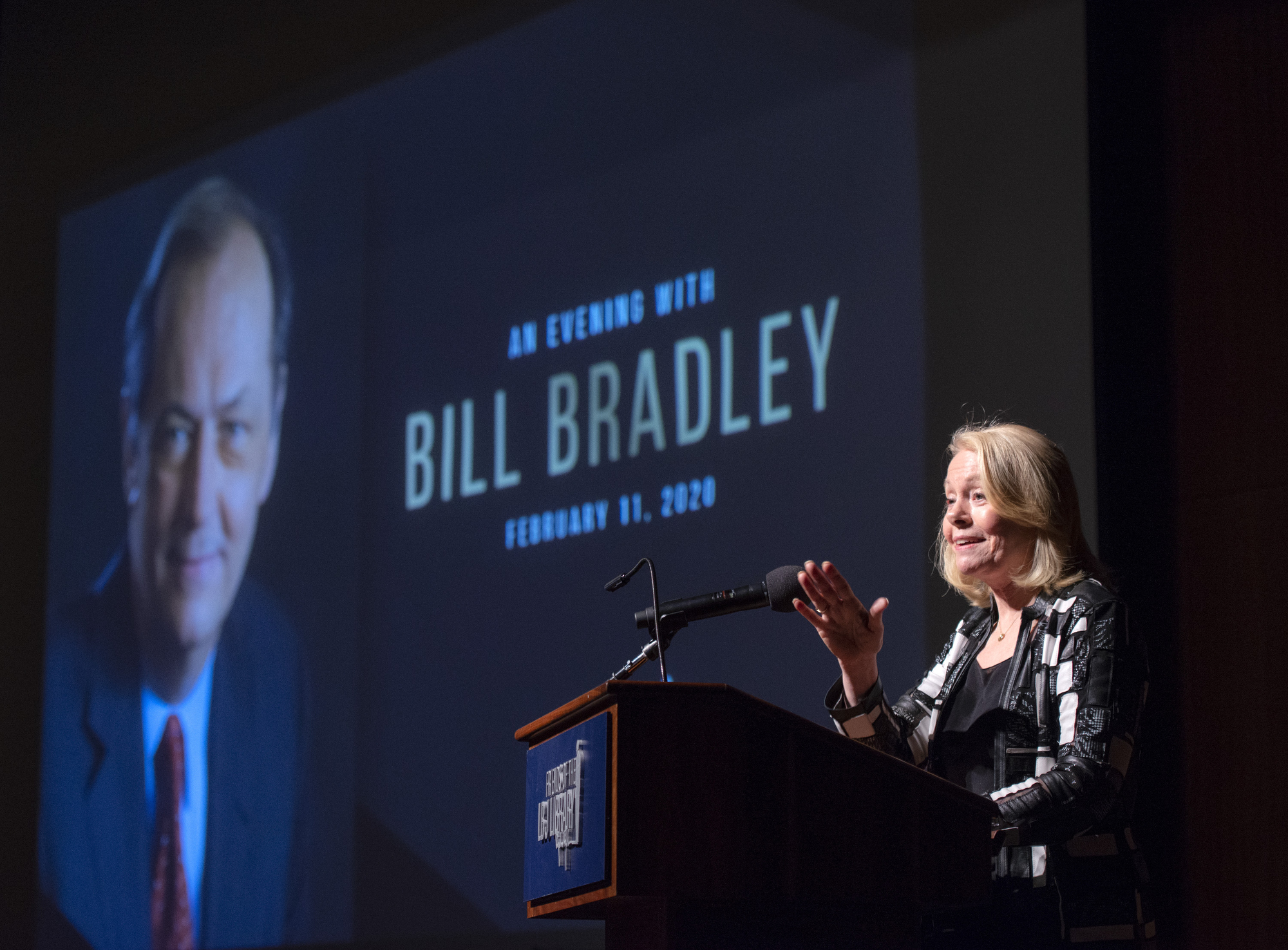 Former LBJ Library former director Betty Sue Flowers introduces Bill Bradley.