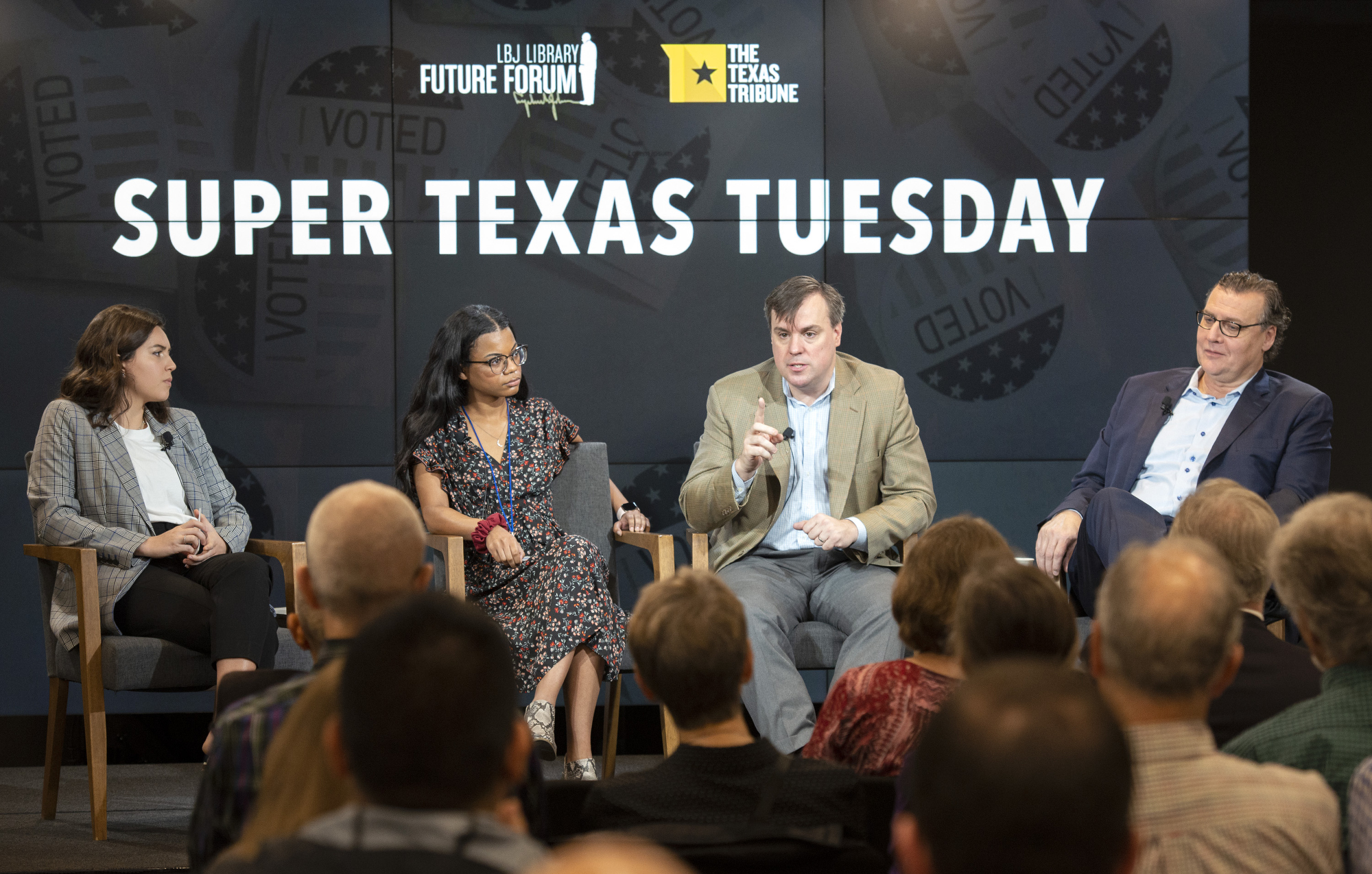 (L-R) Cassi Pollock, Alex Samuels, Jonathan Martin, and Jim Henson. LBJ Library photo by Jay Godwin.