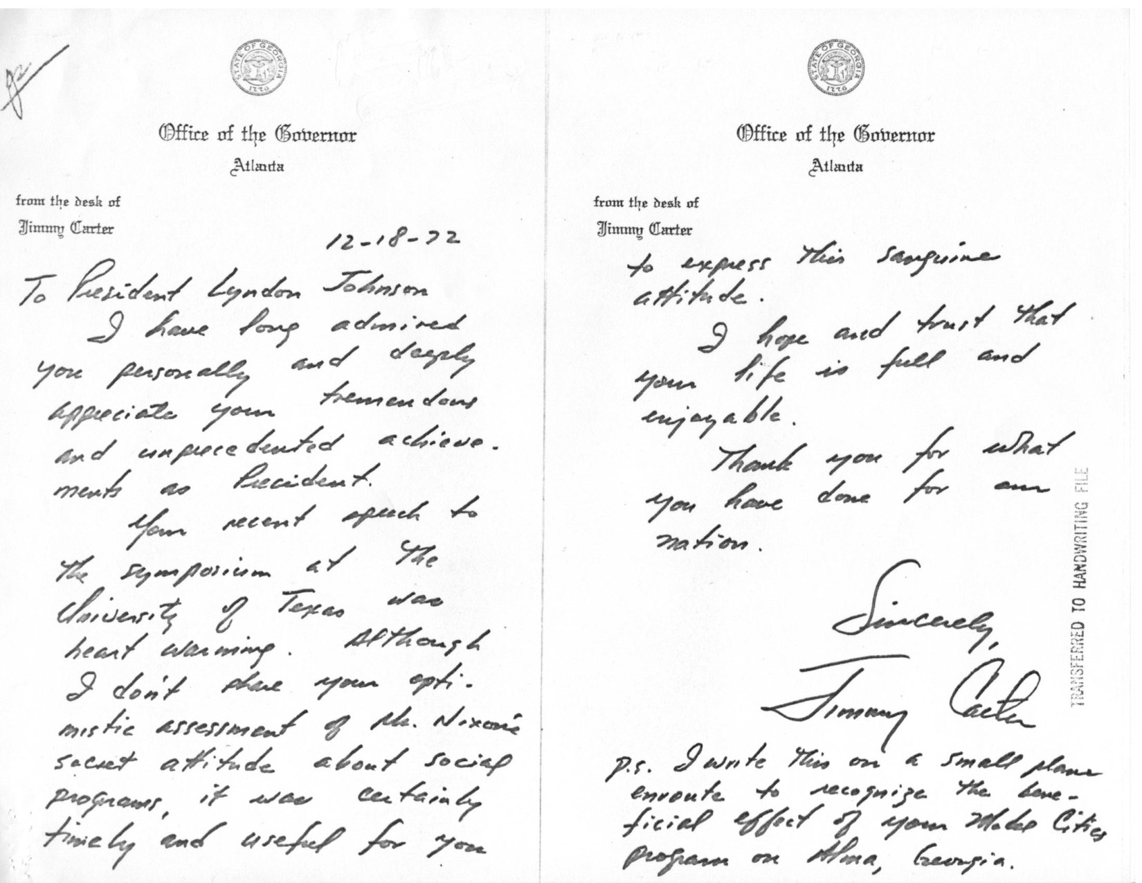 Jimmy Carter's letter to President Johnson.