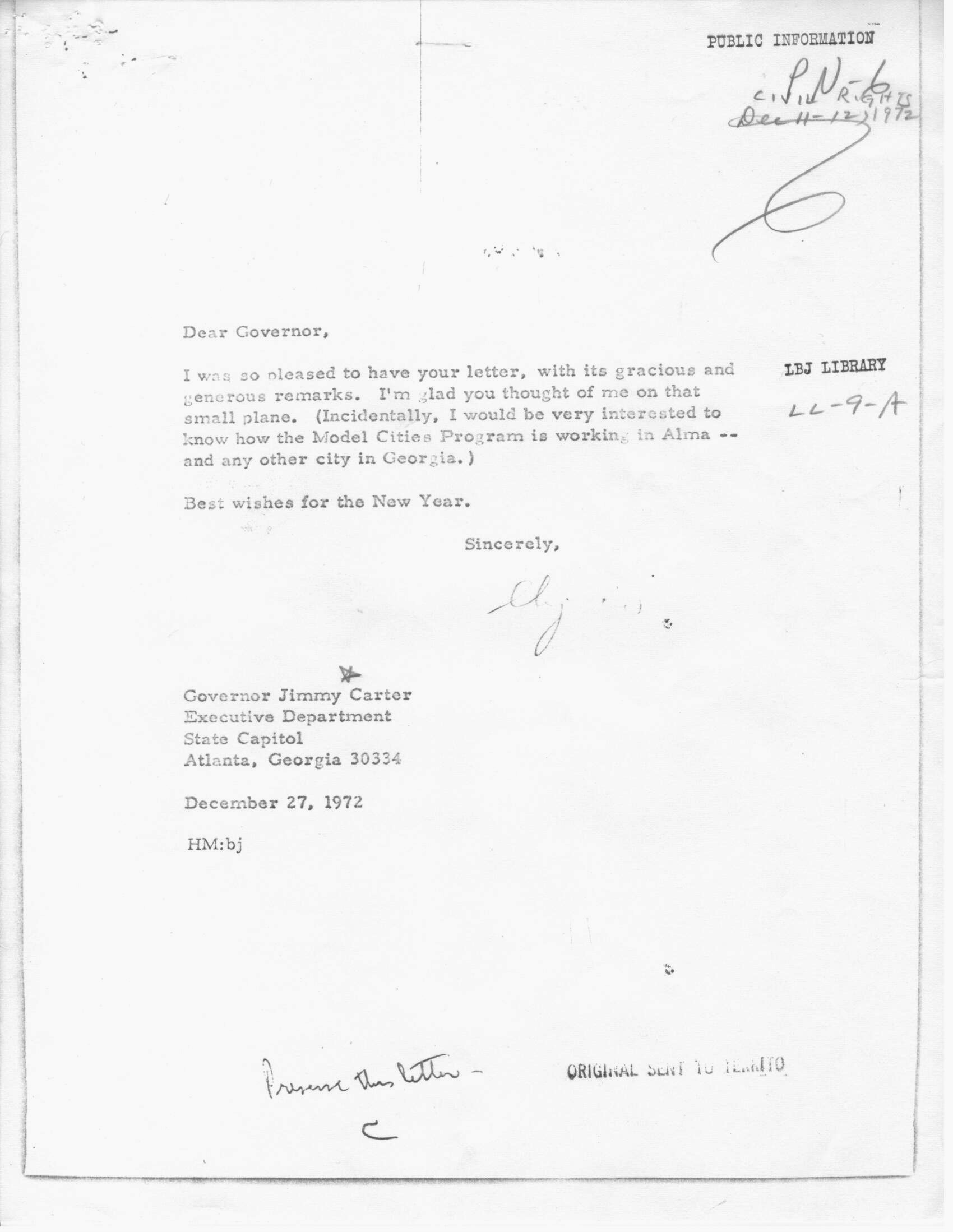 President Johnson to Jimmy Carter's letter